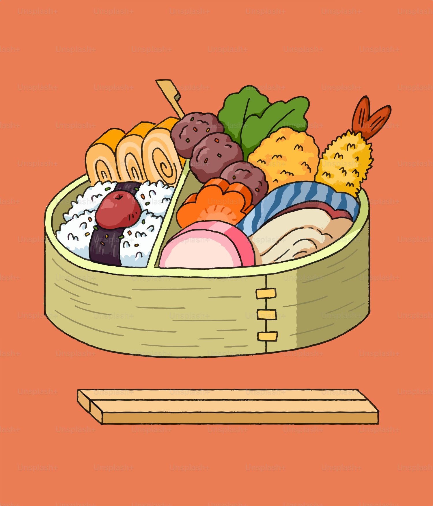 A cartoon of a bento box filled with sushi