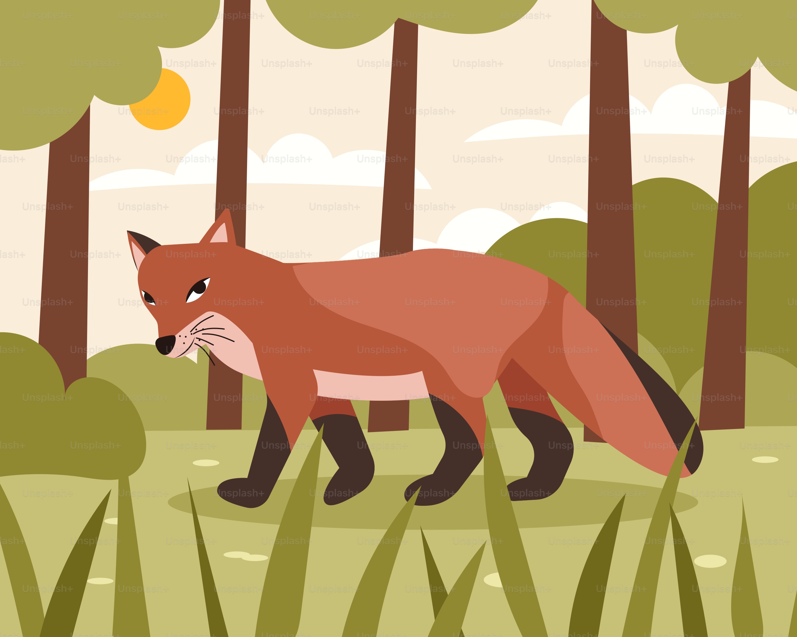 Ein Fuchs, der durch einen Wald mit hohem Gras geht