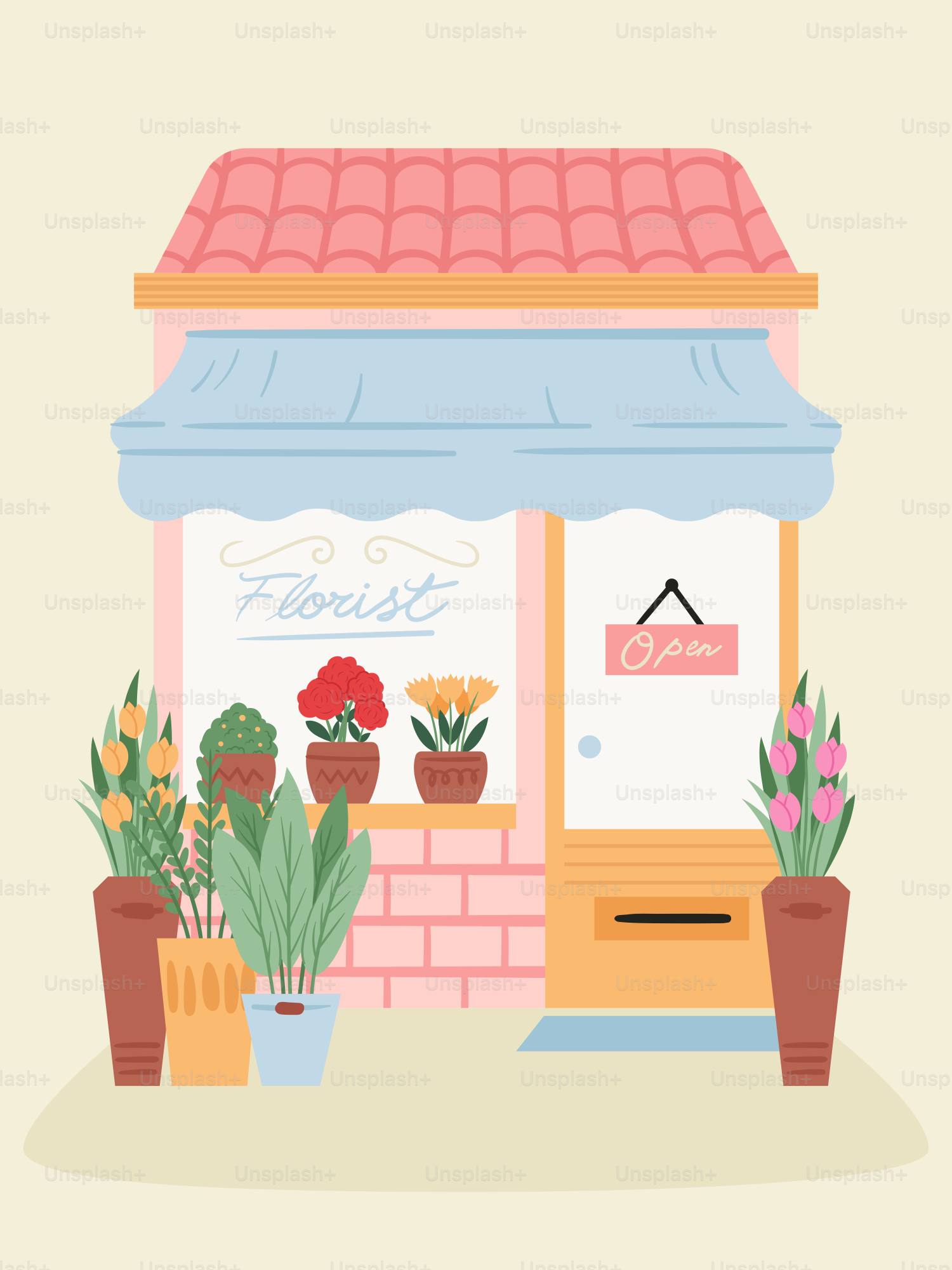 A flower shop with potted plants in front of it