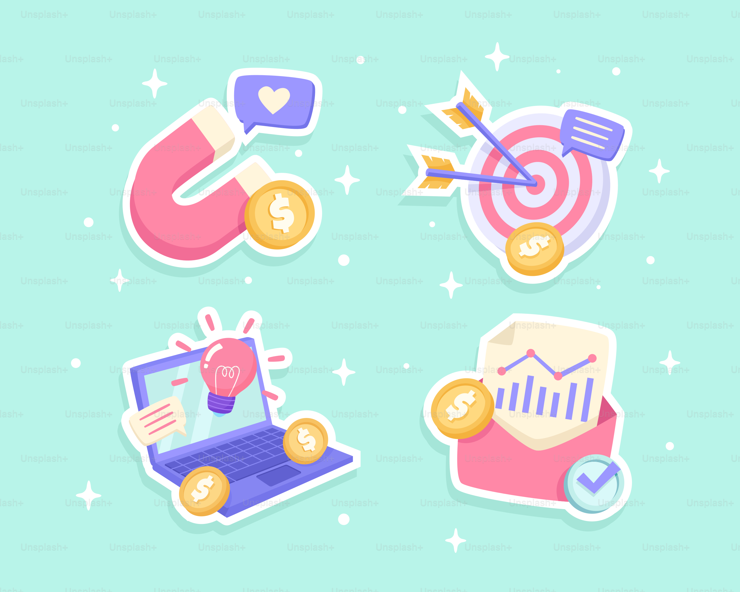 A set of stickers with different items on them