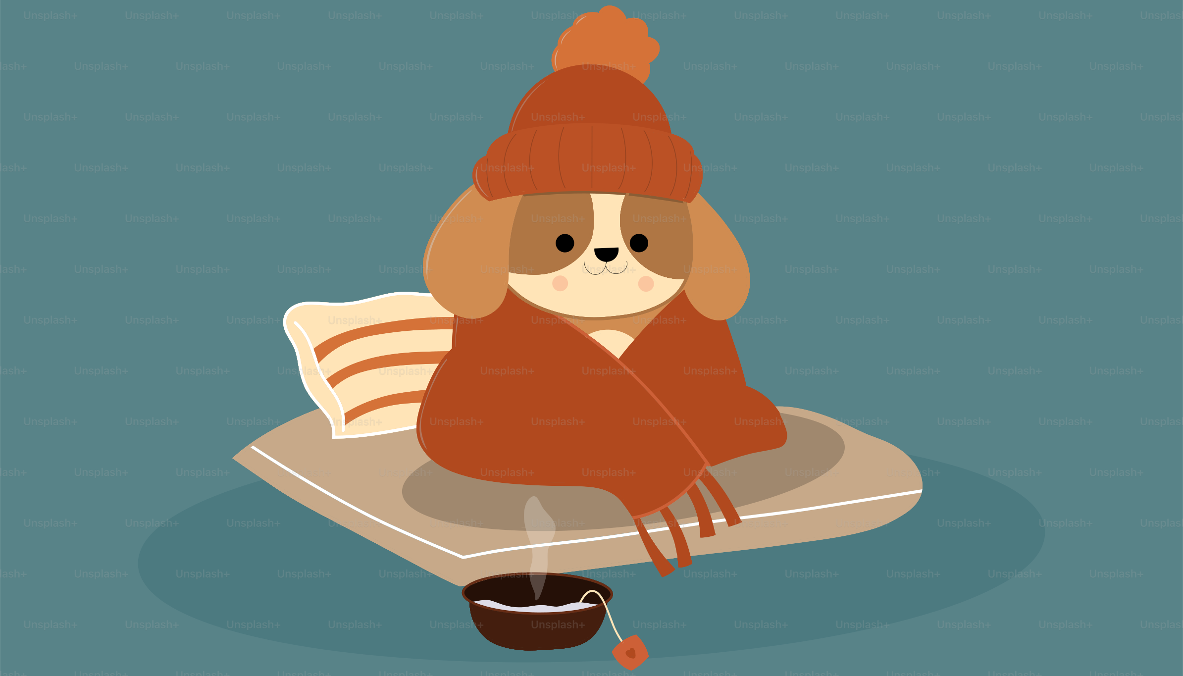 Un dessin animé d’un chien avec une écharpe et un chapeau