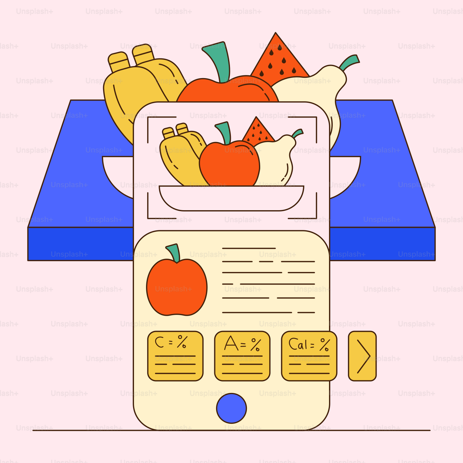 A cell phone with a bunch of fruit on top of it