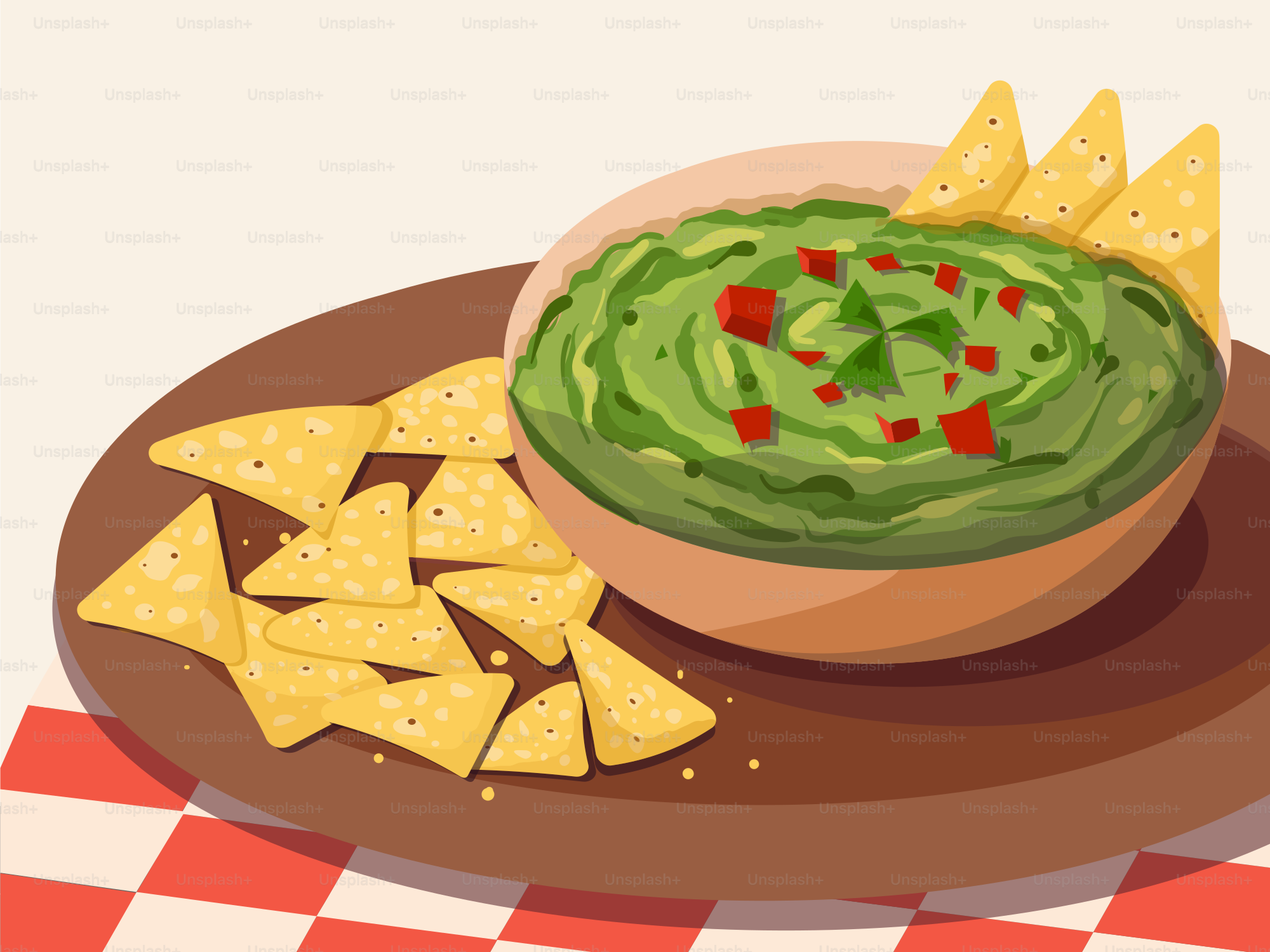 A plate of guacamole and tortilla chips on a checkered