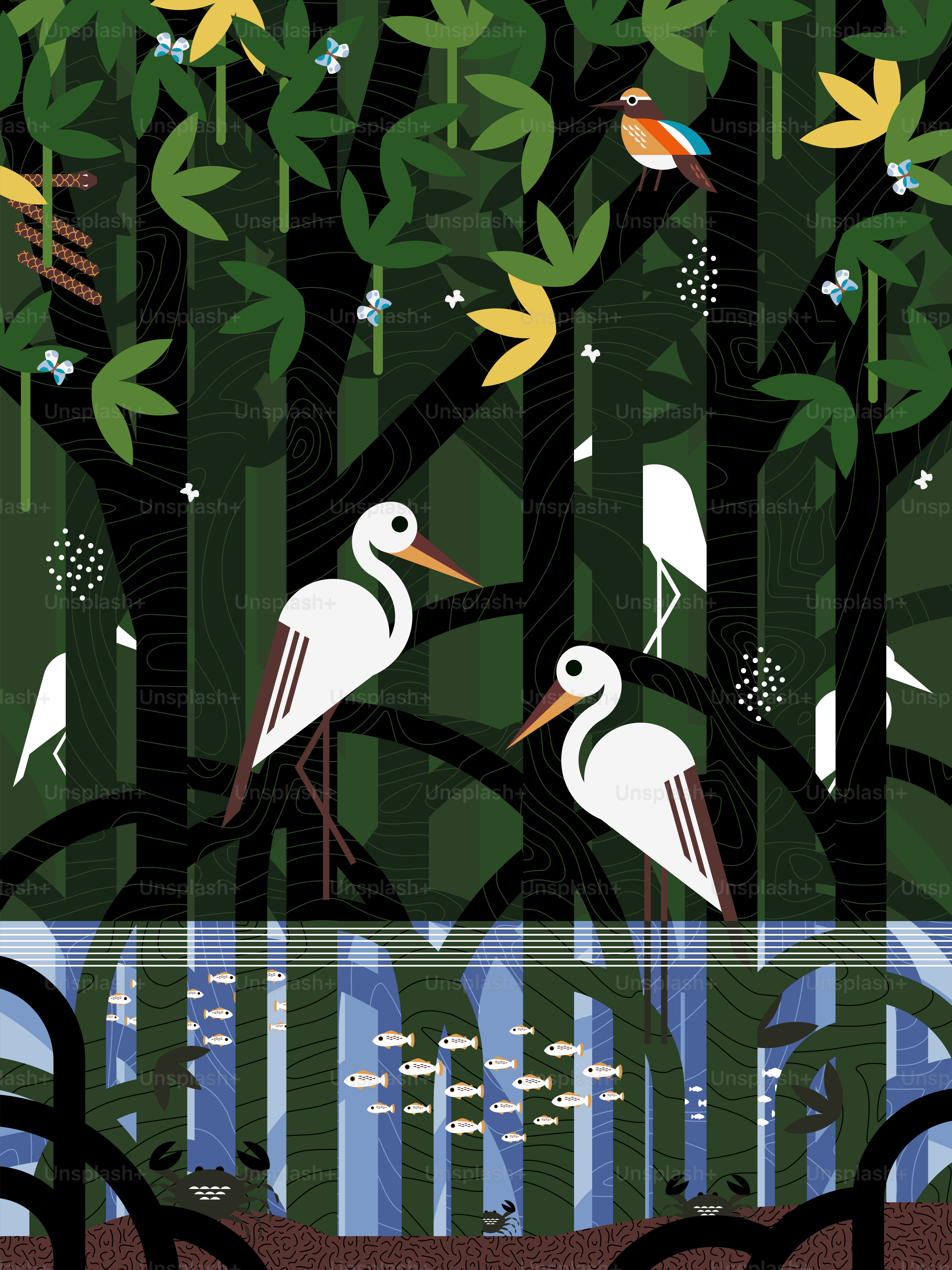 A painting of birds sitting on a bench in a forest
