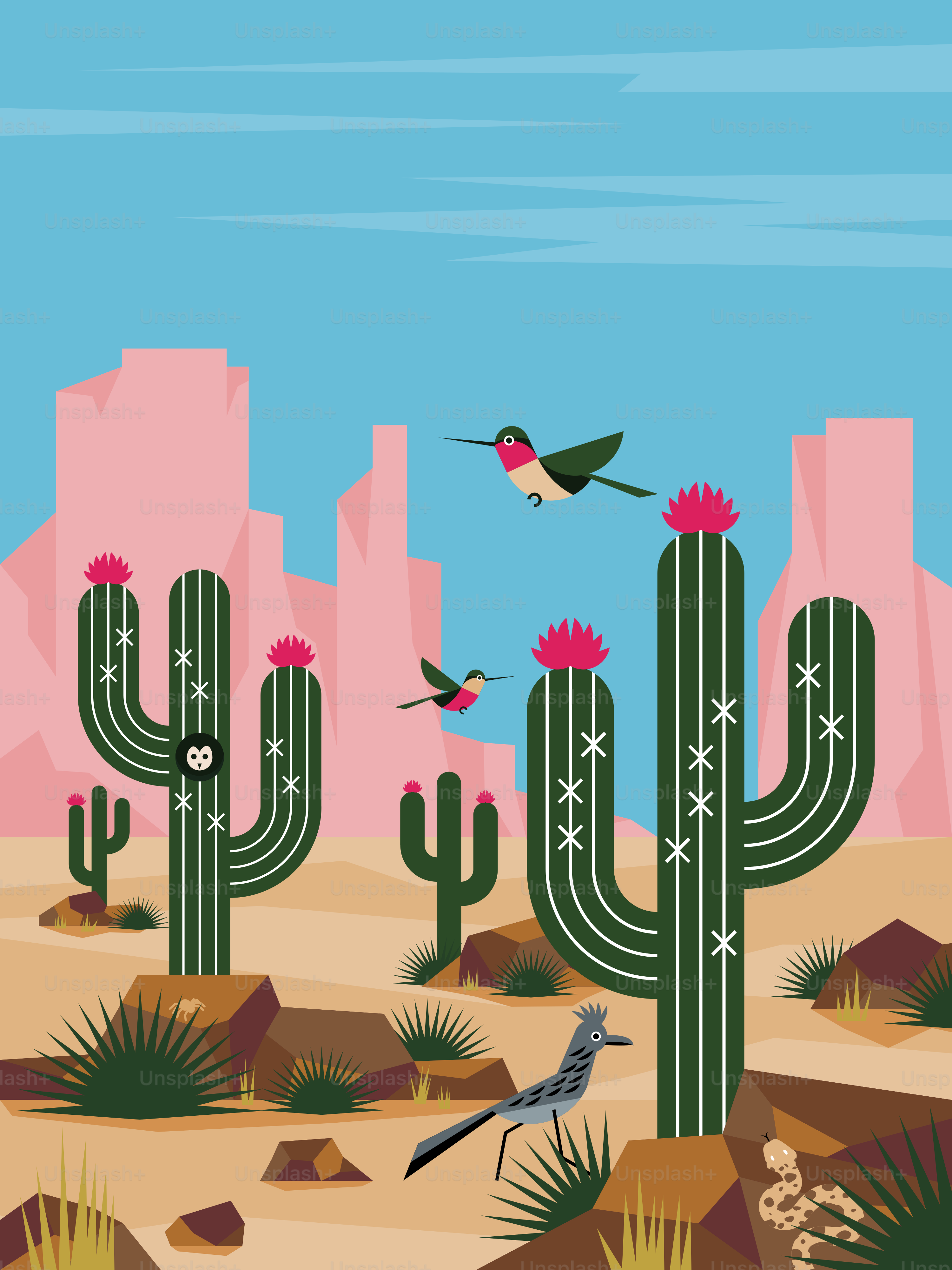 A desert scene with cactus trees and birds