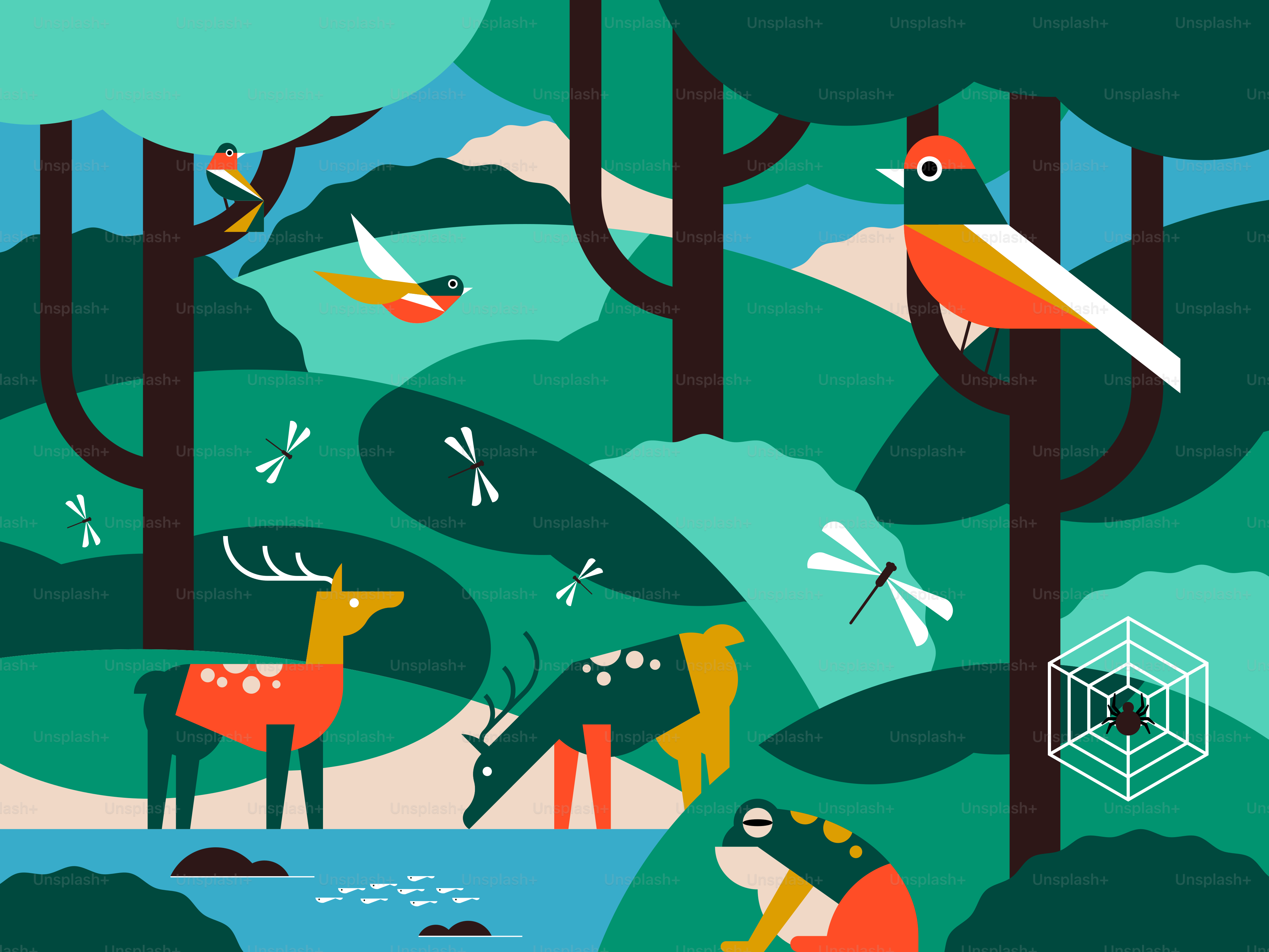 Uma pintura de animais e aves em uma floresta