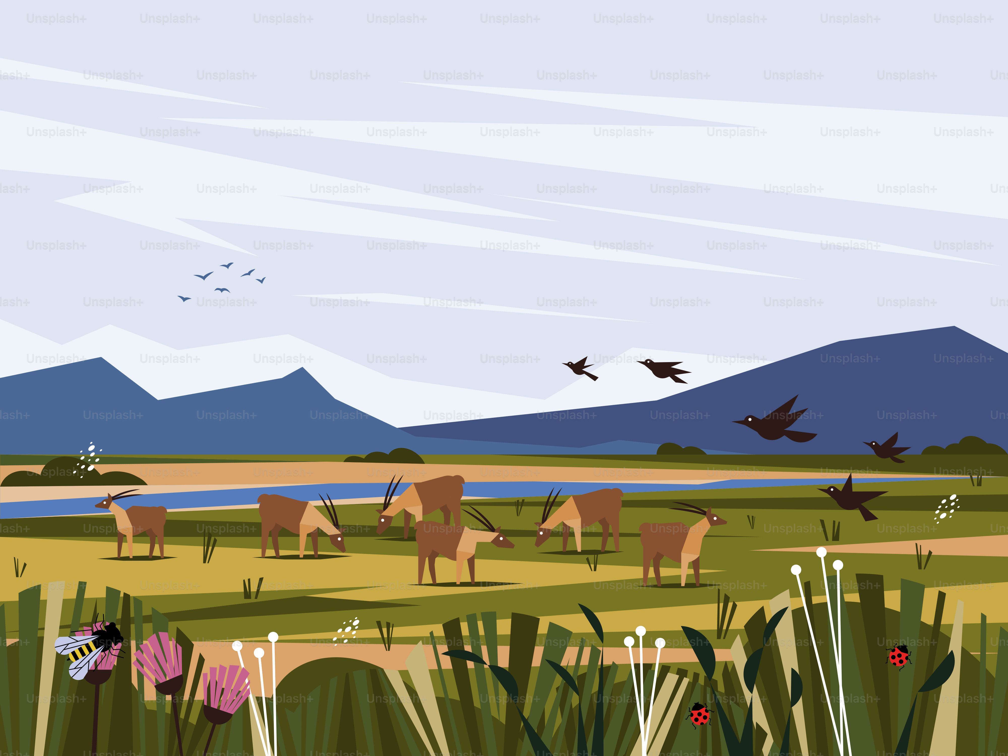 A painting of cows in a field with mountains in the background