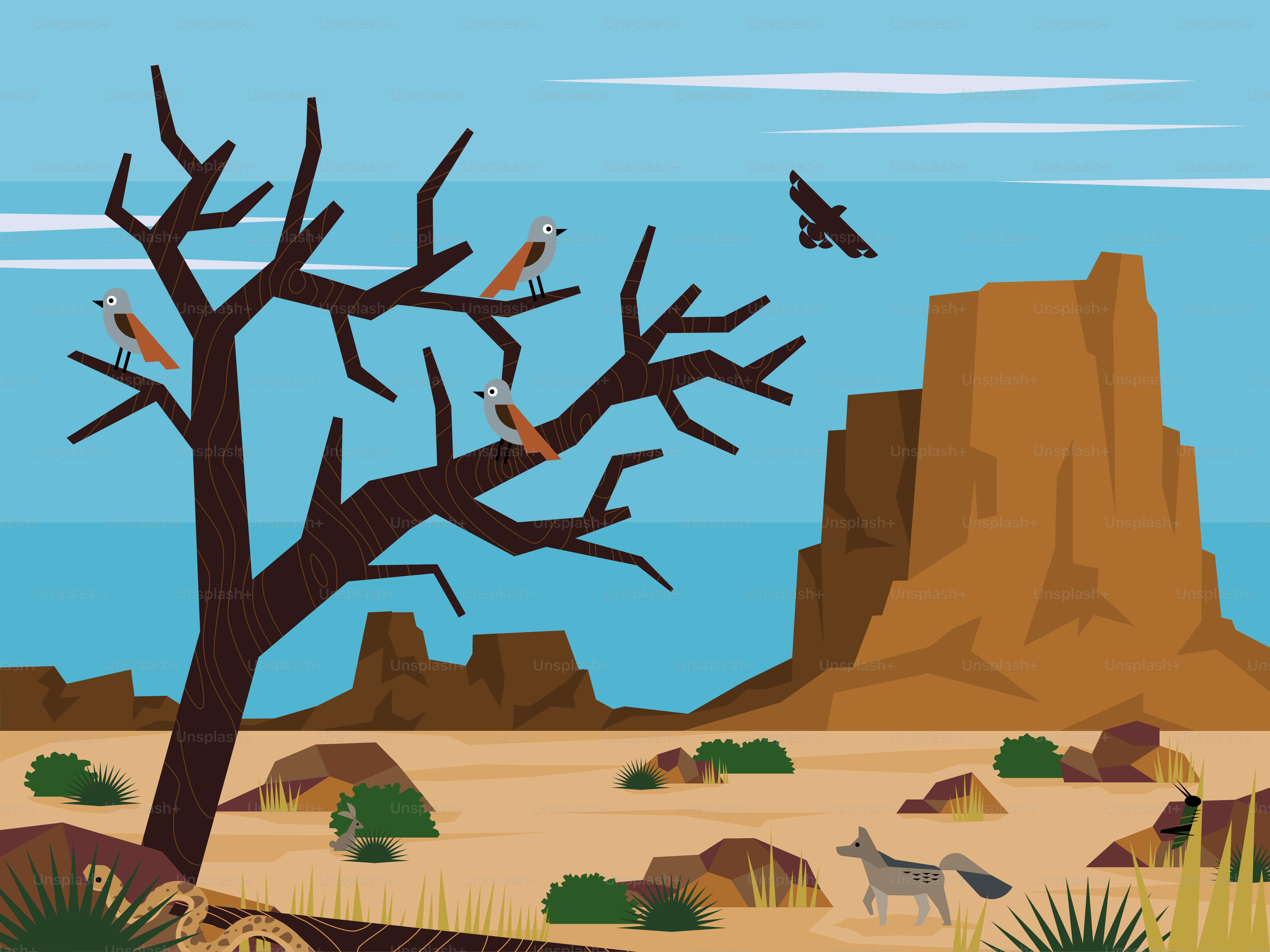 A desert scene with a tree and a bird