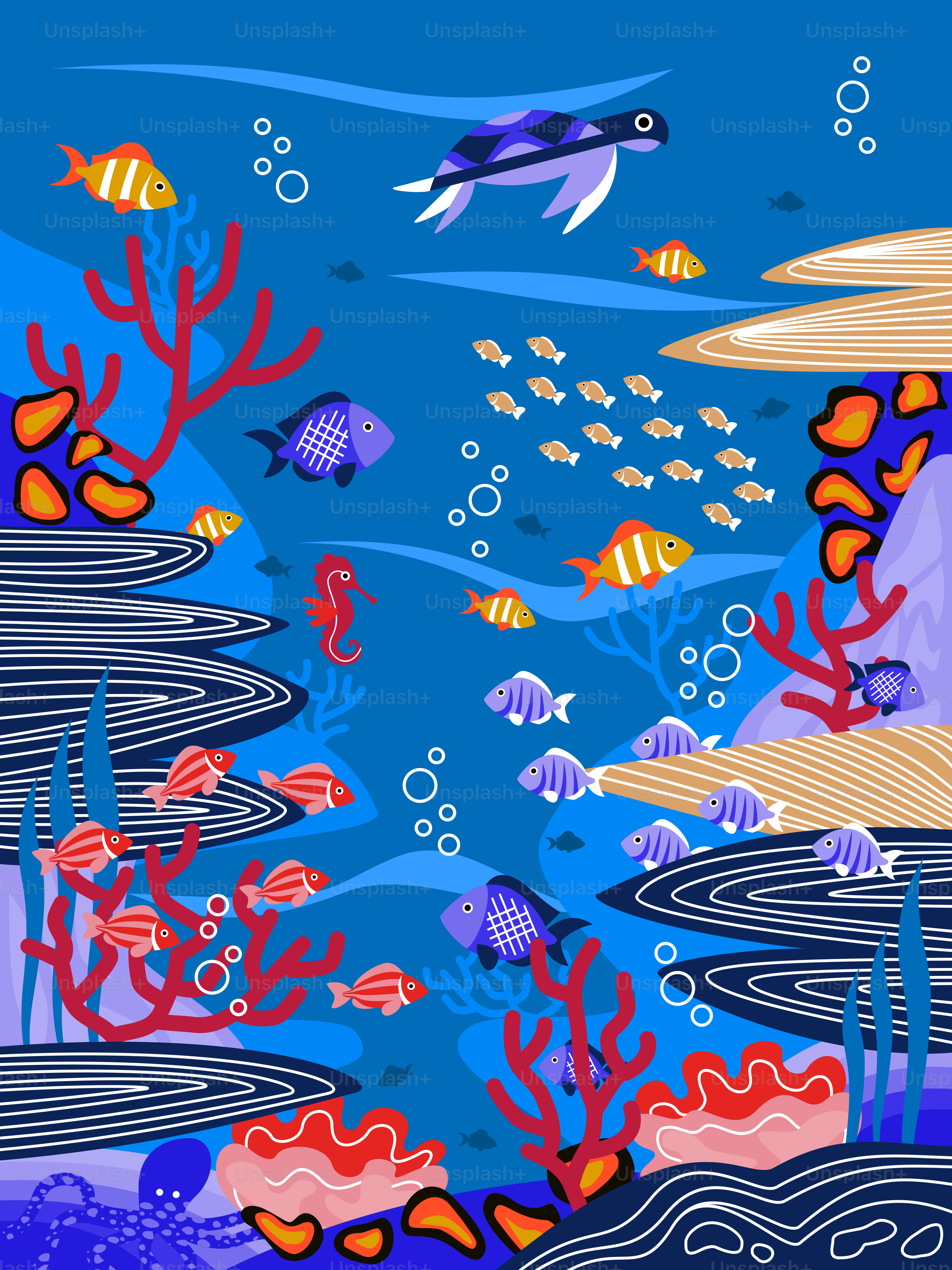 An underwater scene with fish and corals