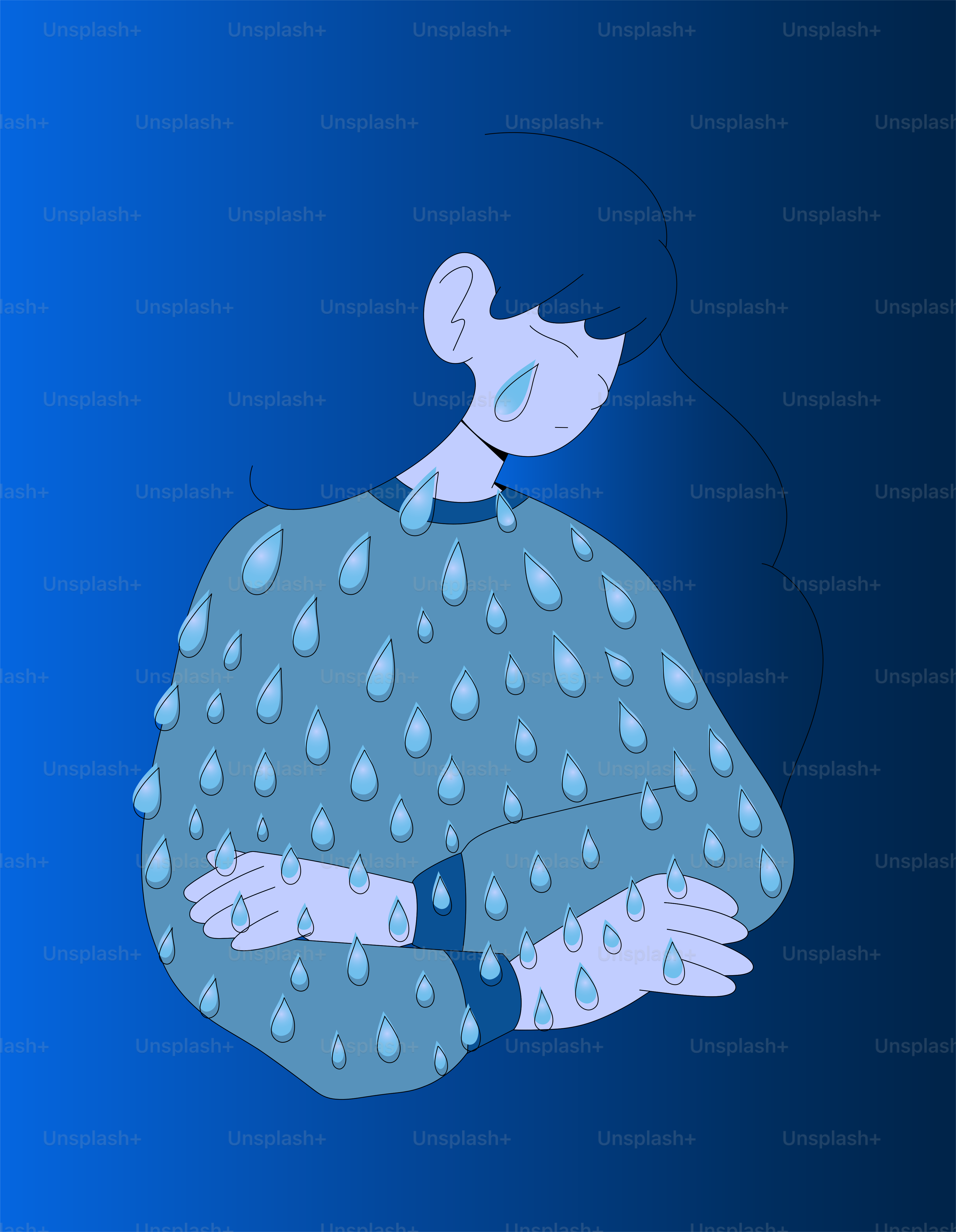 A drawing of a woman wrapped in a blanket