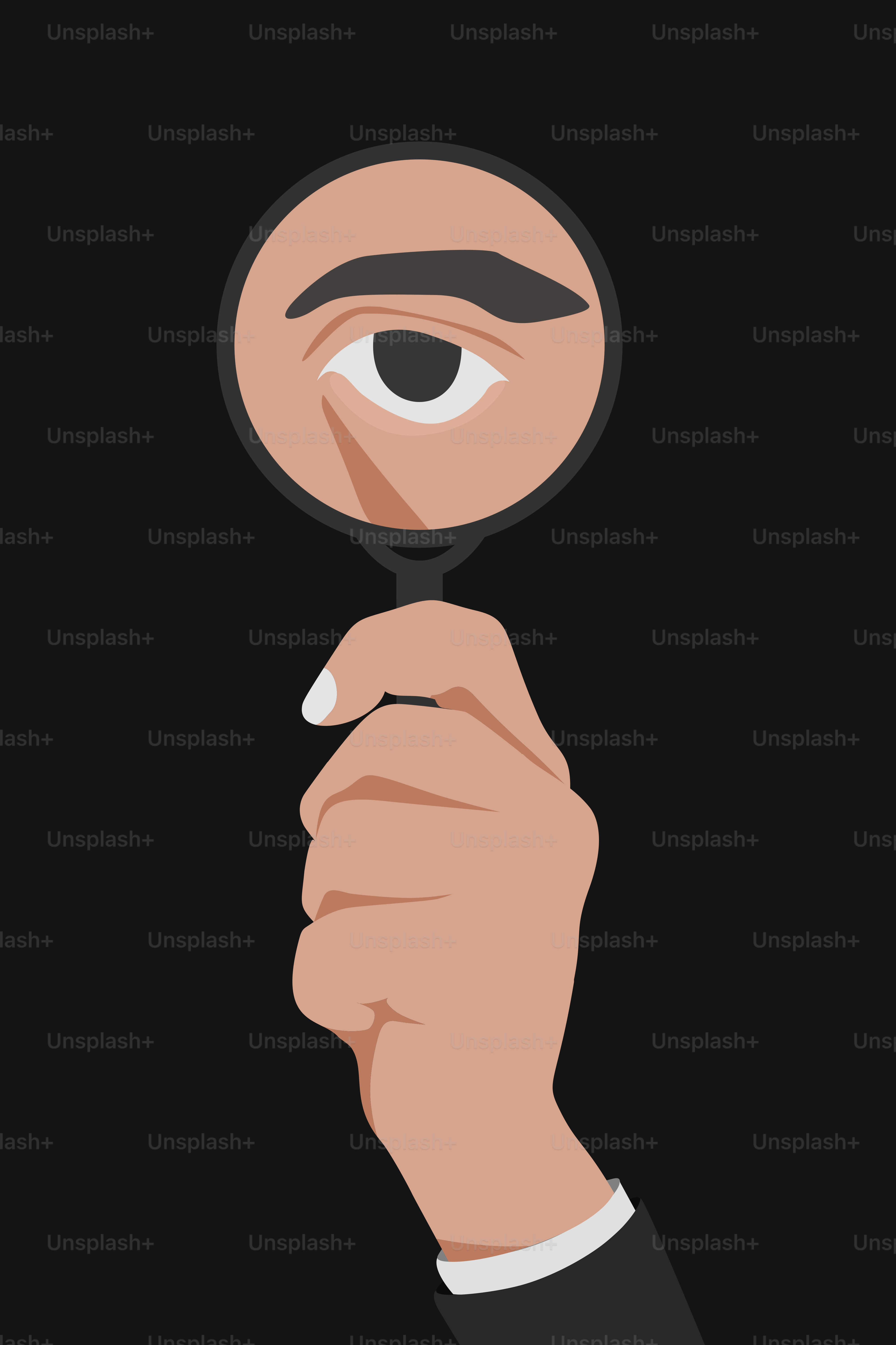 A hand holding a magnifying glass over a black background