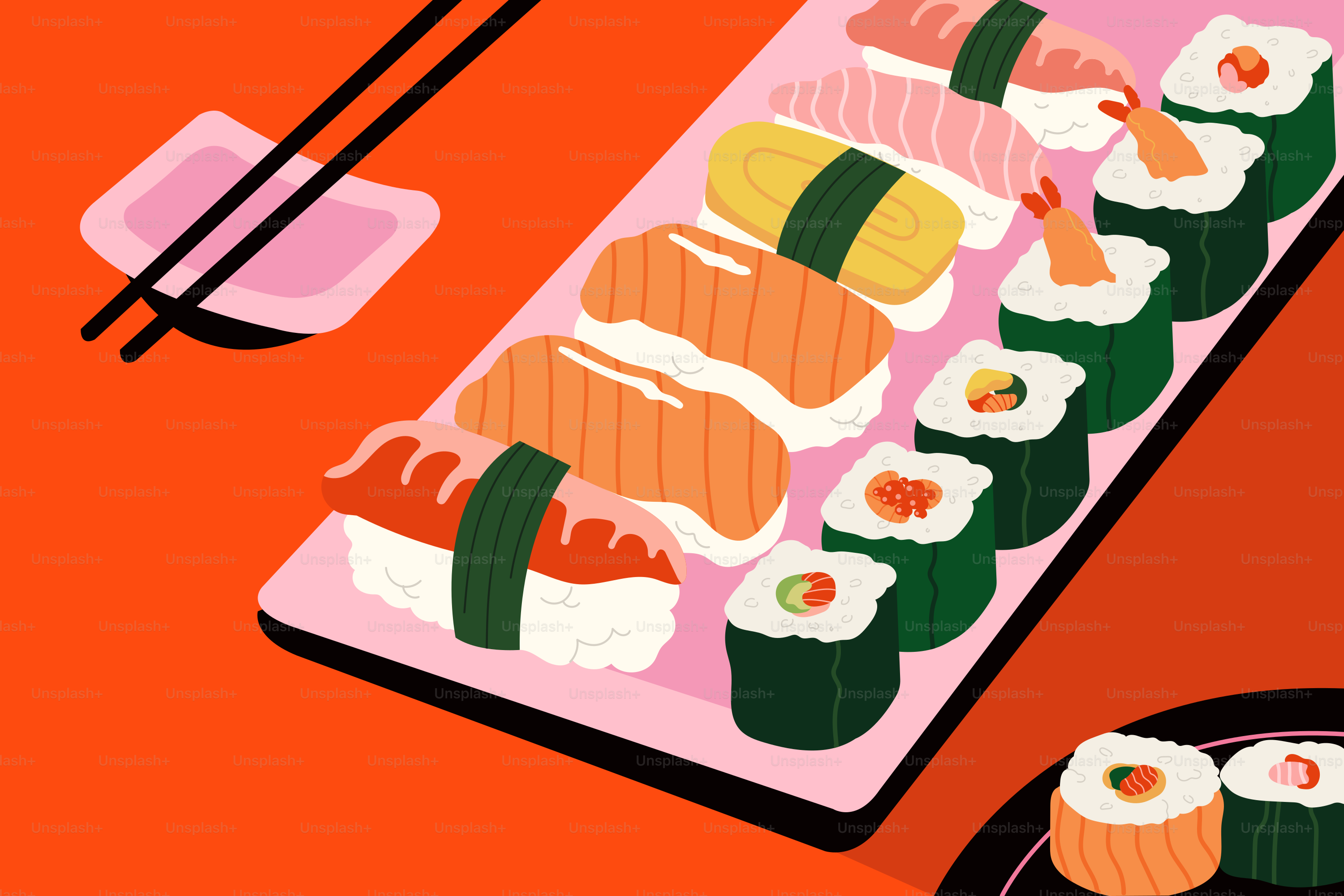 A plate of sushi and chopsticks on a table