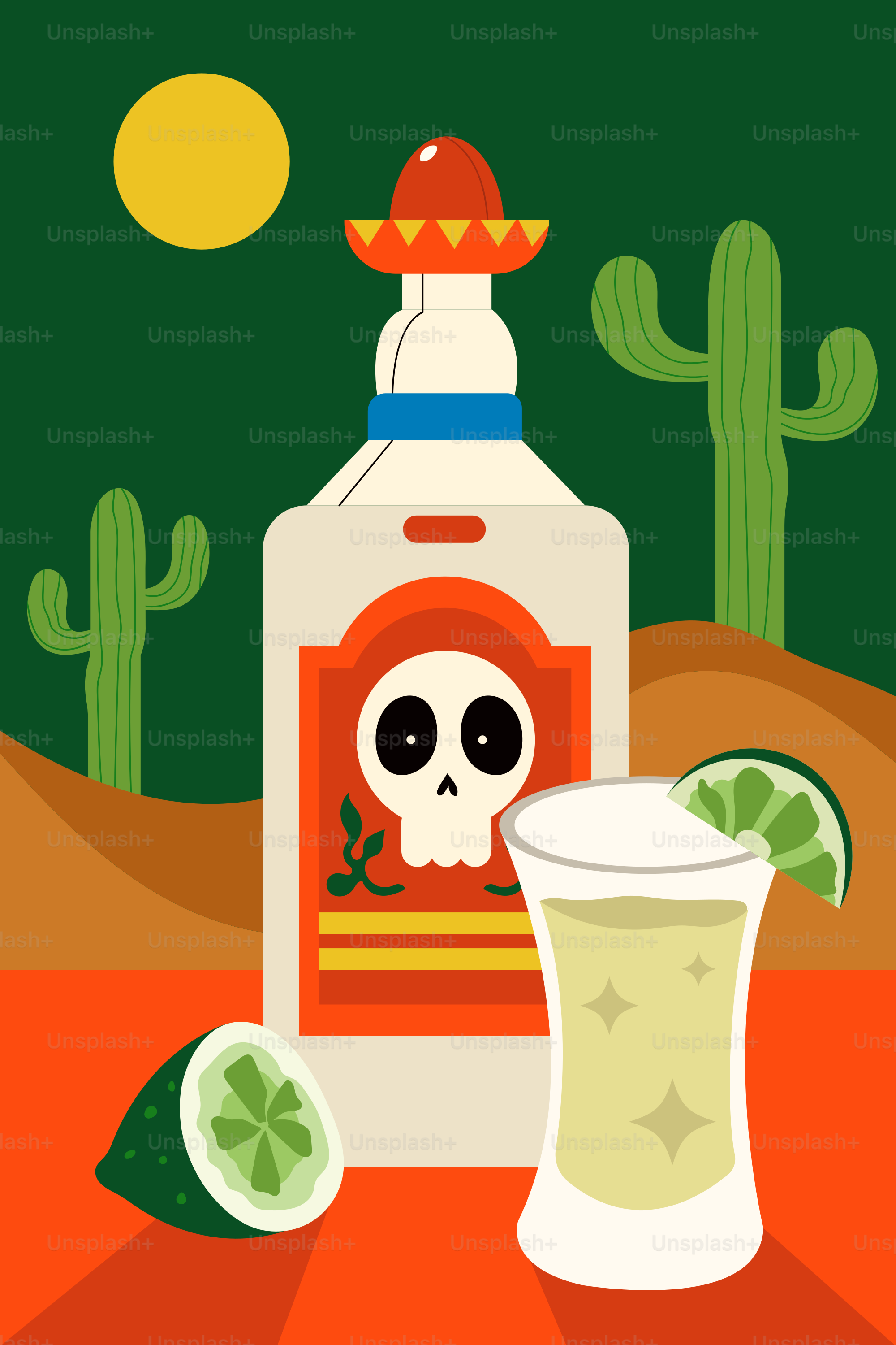 Une bouteille de tequila à côté d’un verre avec un crâne dessus