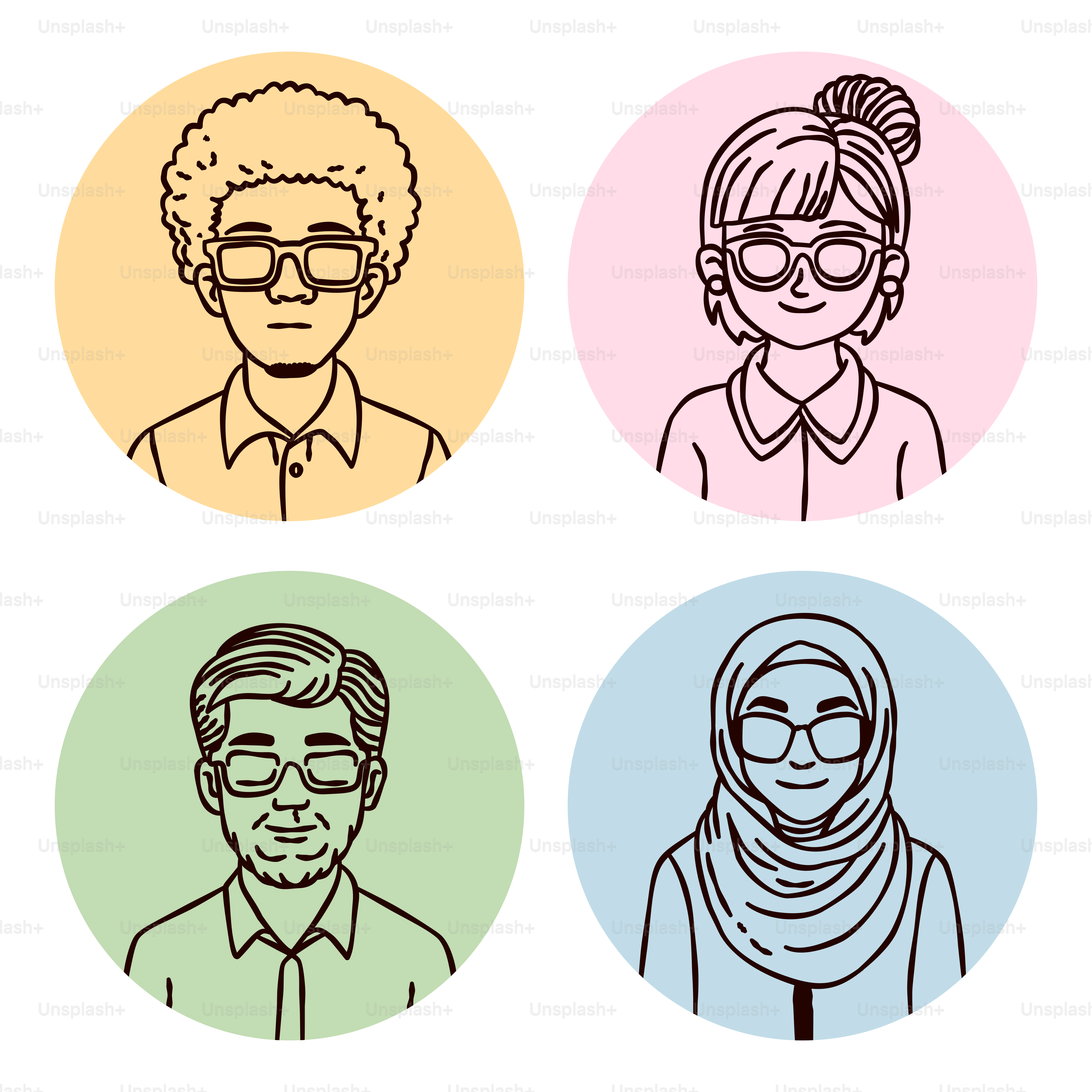 A set of four different avatars in a circle
