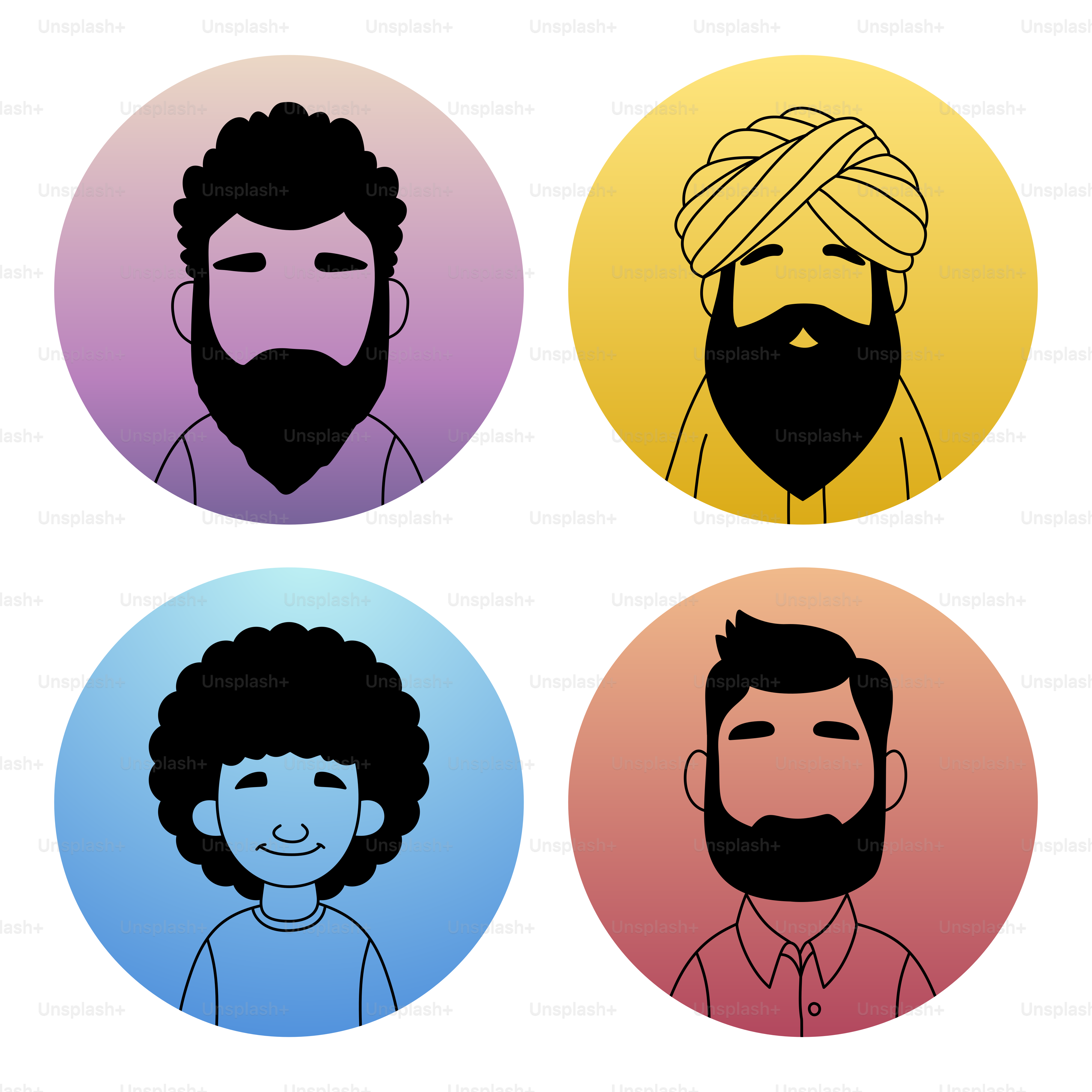 A set of six avatars of men with beards