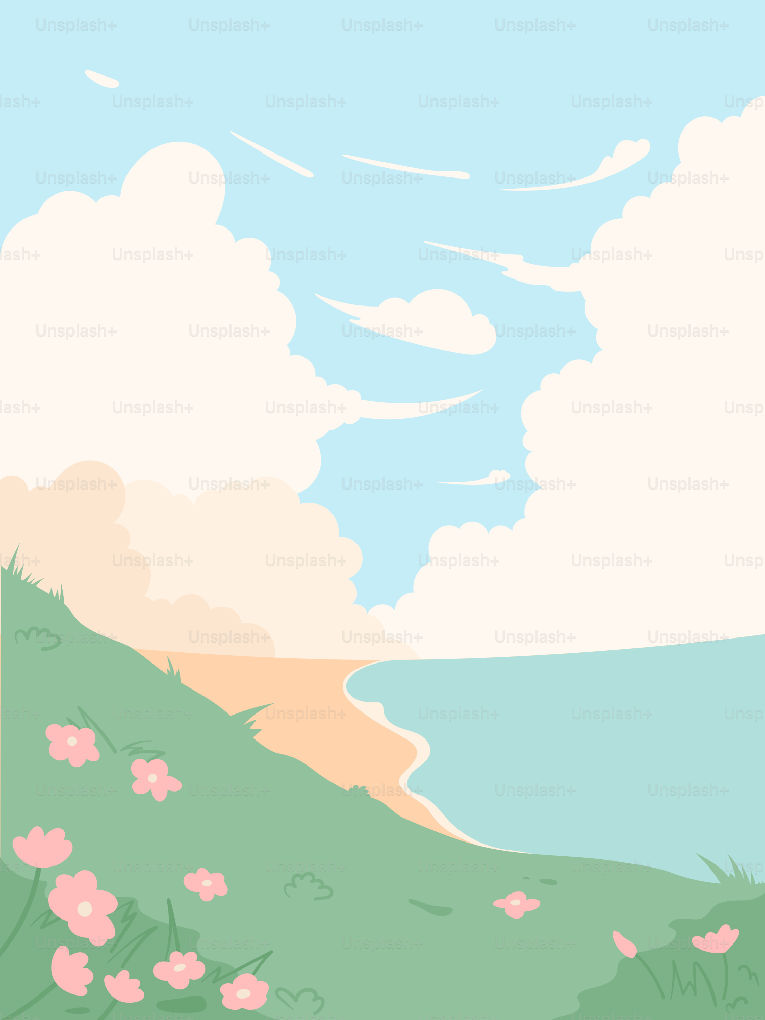 A painting of a beach with pink flowers