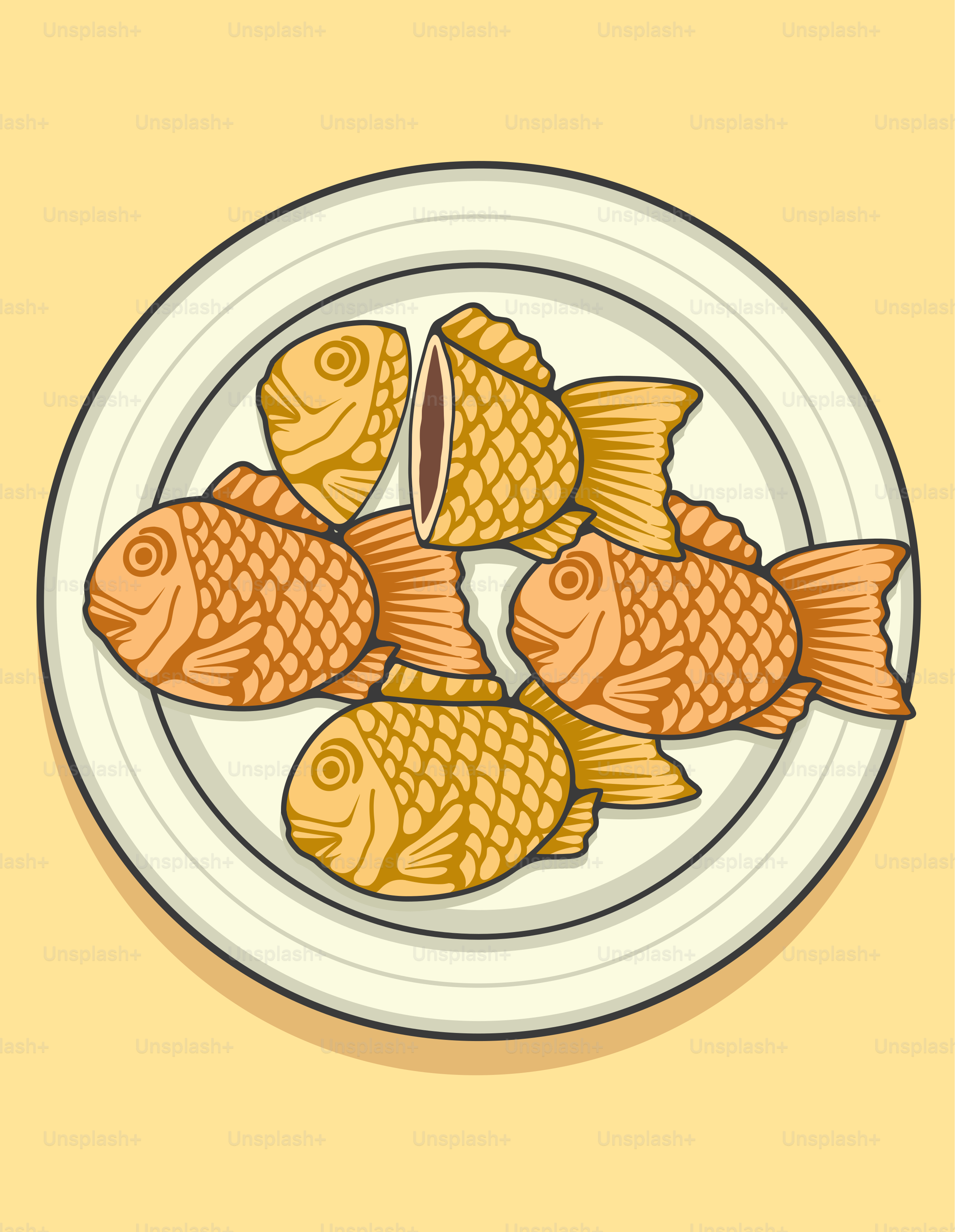A plate of fish on a yellow background