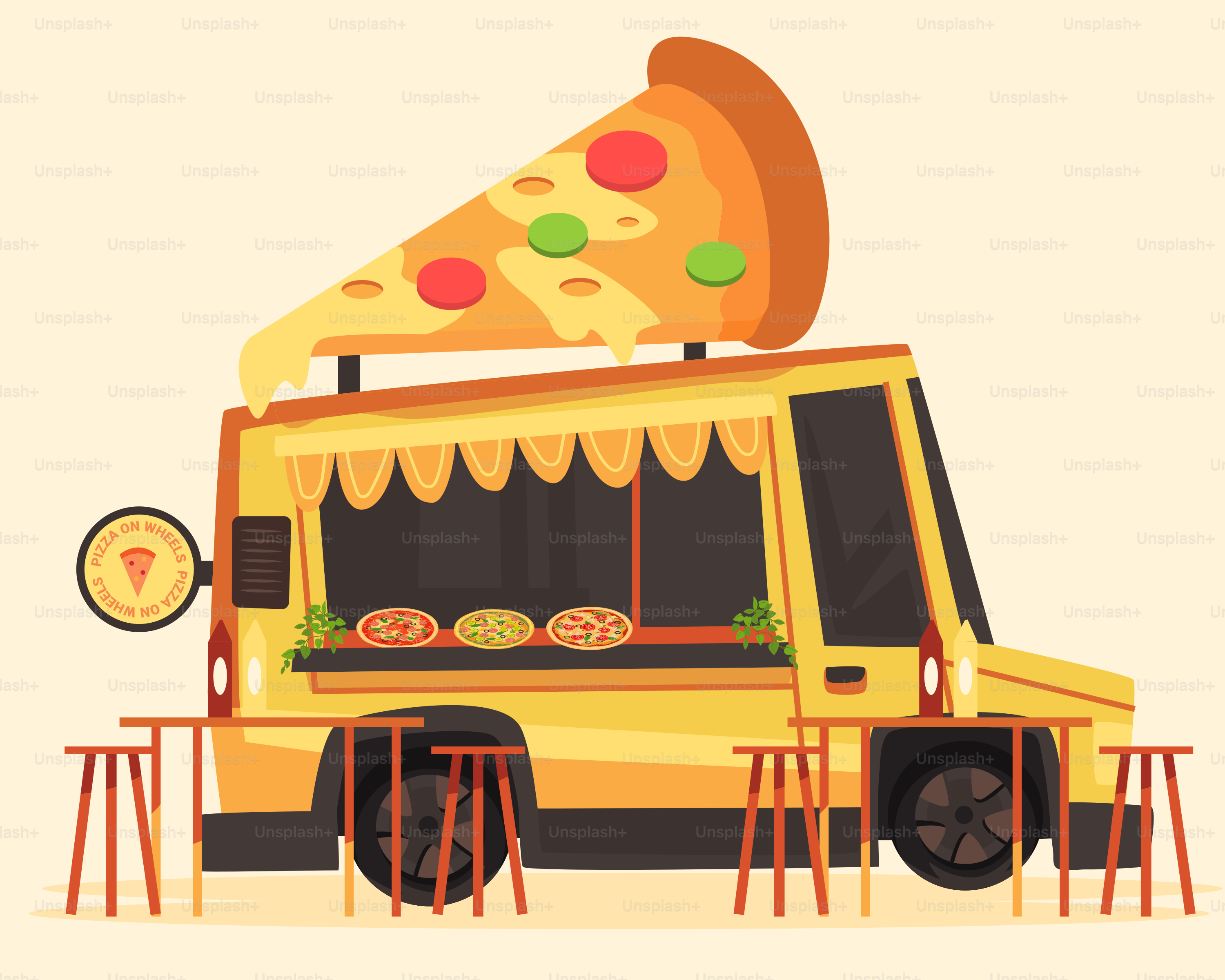 A yellow food truck with a slice of pizza on top of it