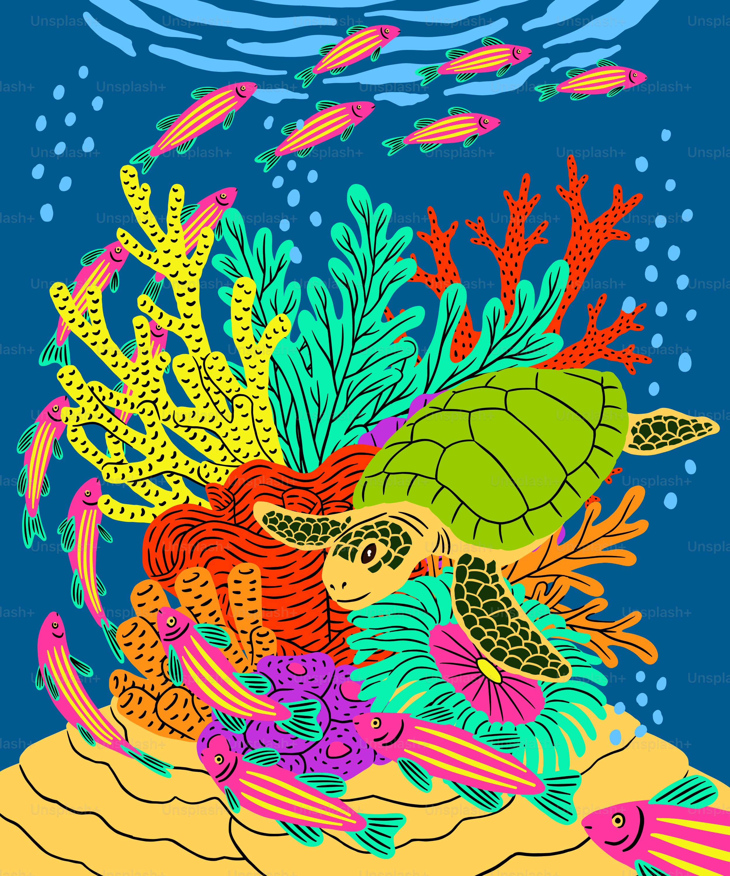 Una pintura de una tortuga nadando en el océano