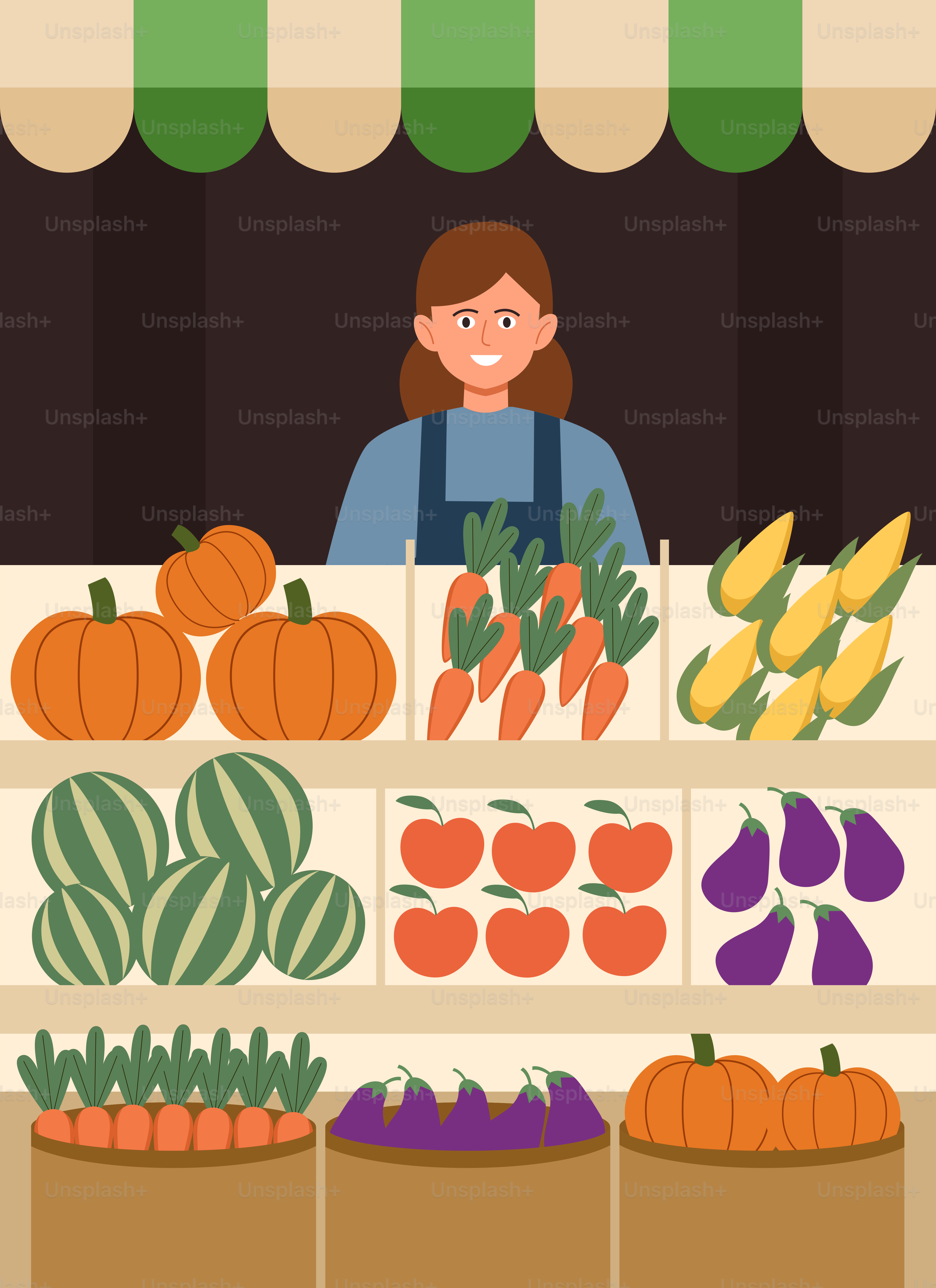 A woman standing in front of a display of fruits and vegetables