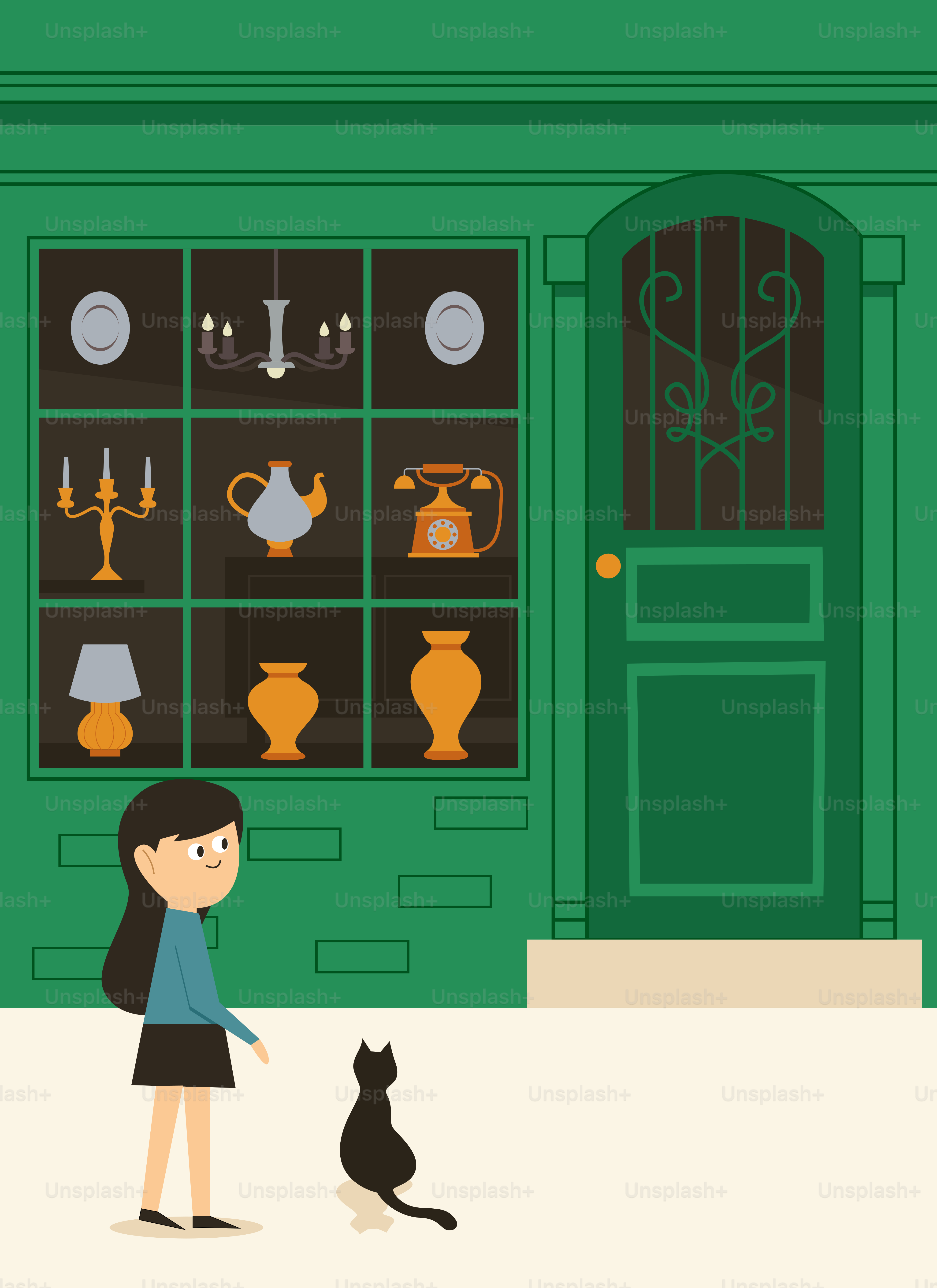 A woman standing in front of a store with a cat