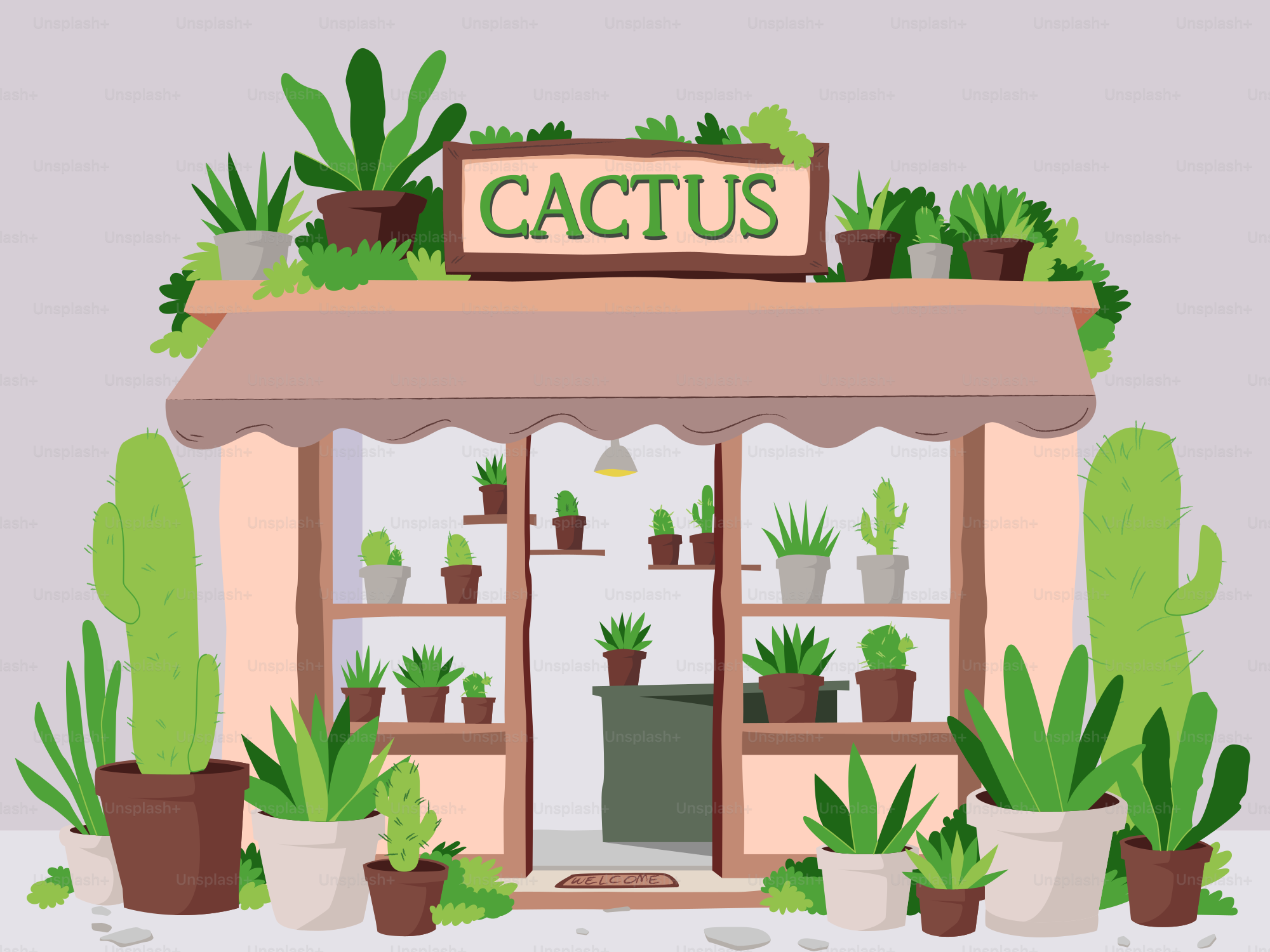 A cactus shop with potted plants on the outside