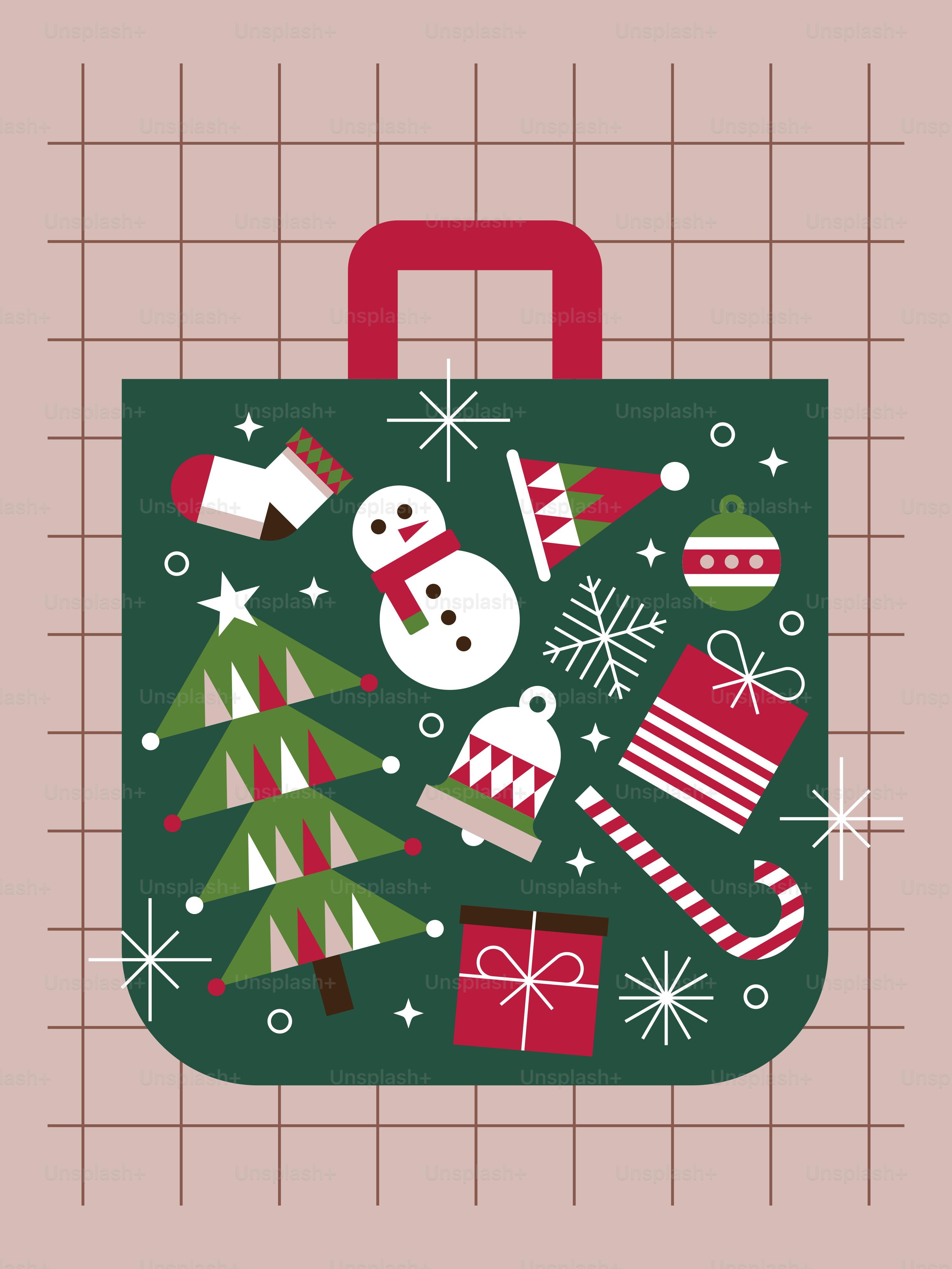 Eine grüne Tasche mit einem Schneemann und Weihnachtsdekorationen darauf