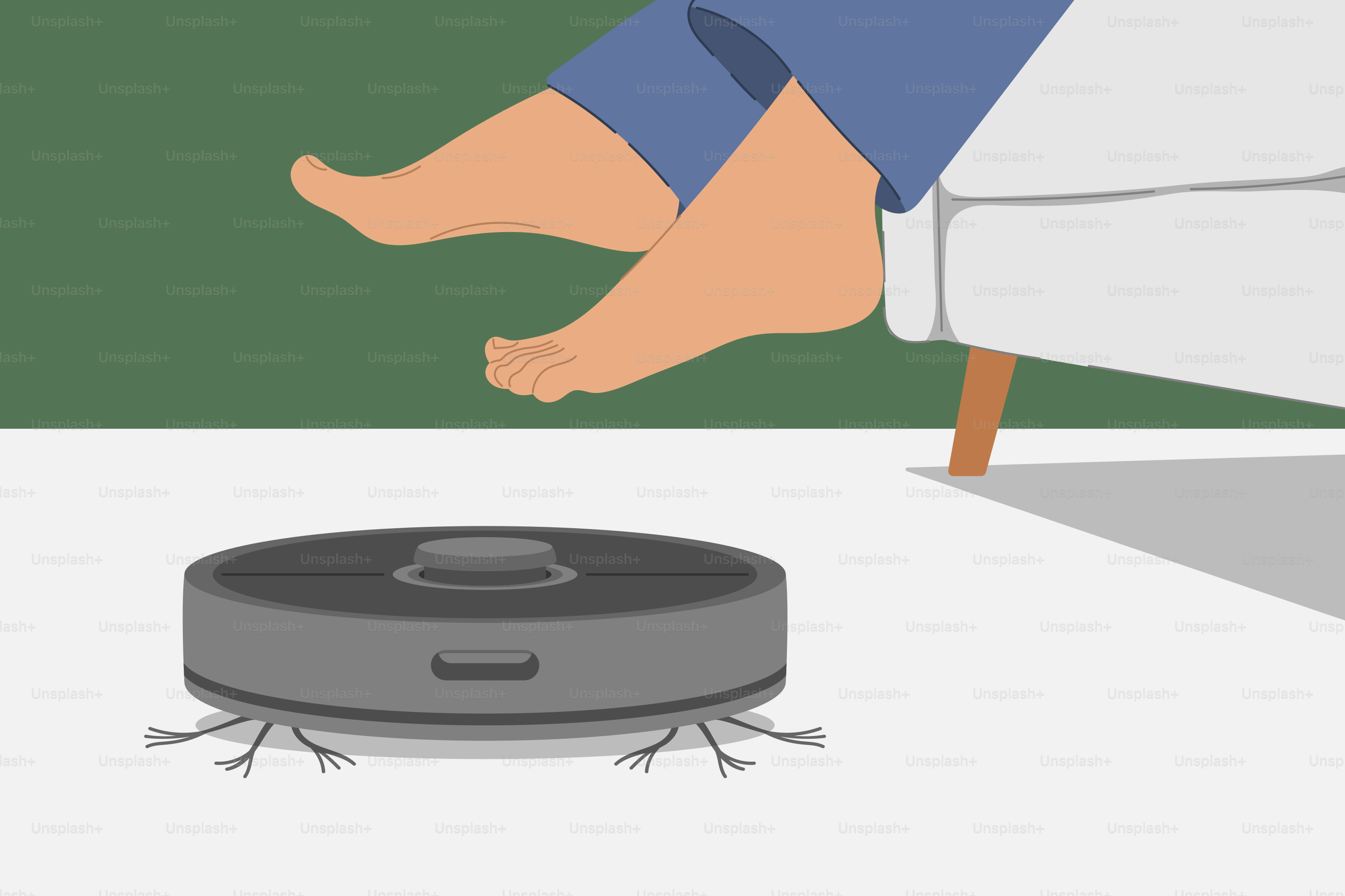 A person sitting on a couch with a robotic vacuum