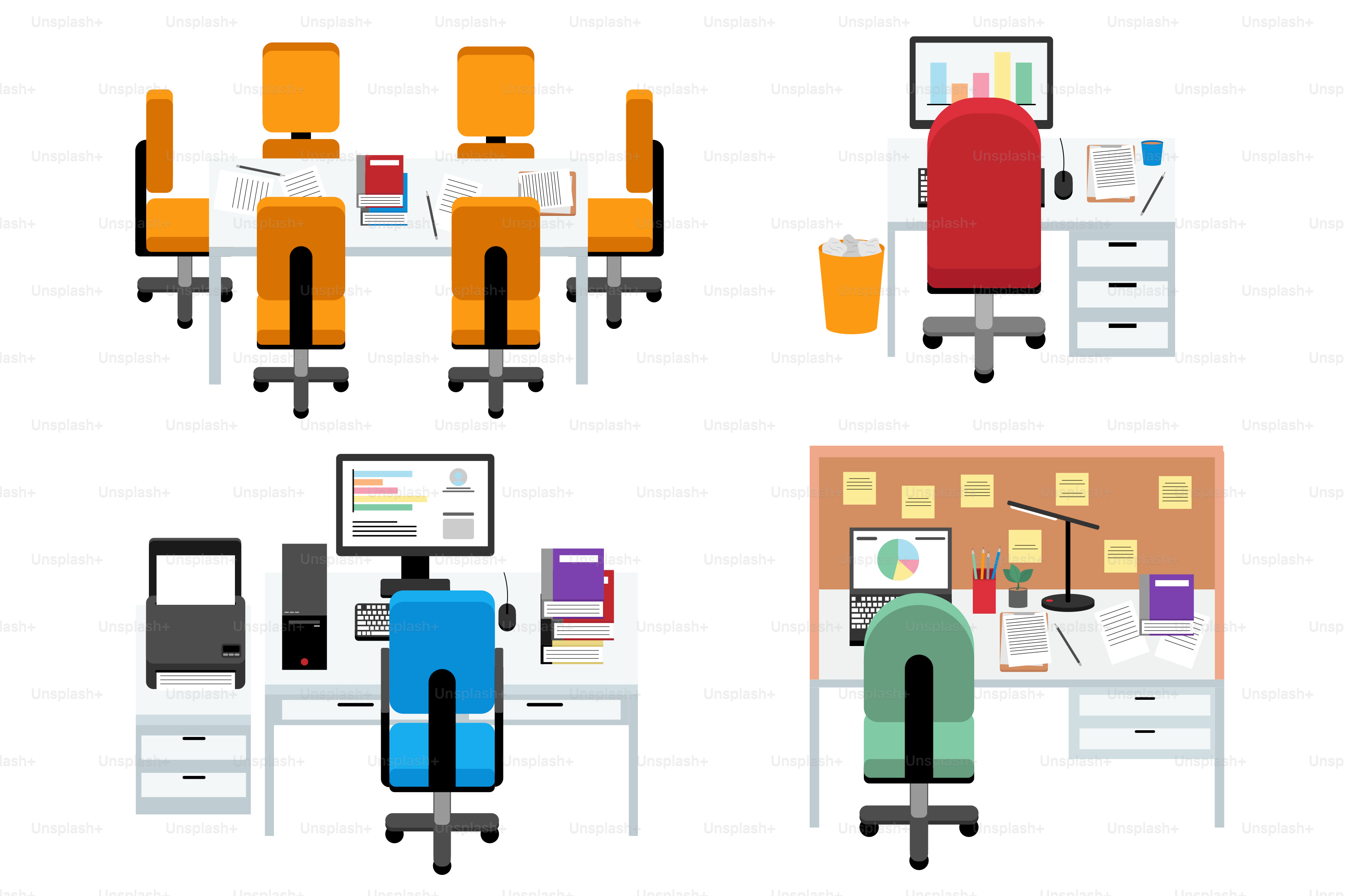 Un groupe de chaises de bureau et de bureaux de différentes couleurs