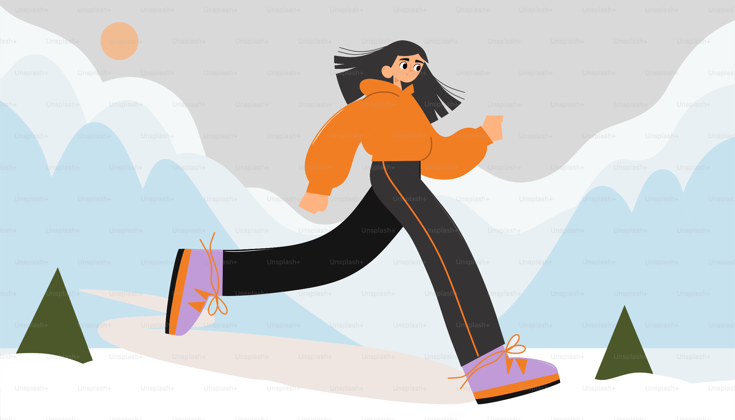 A woman is running in the snow