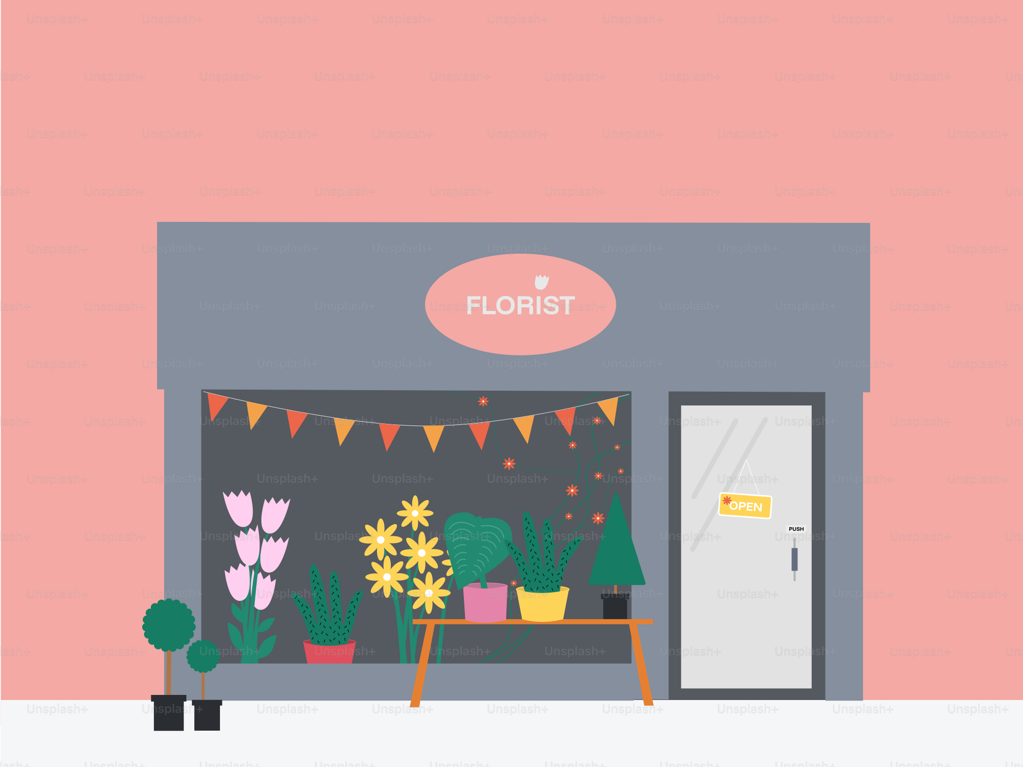 The front of a flower shop with potted plants