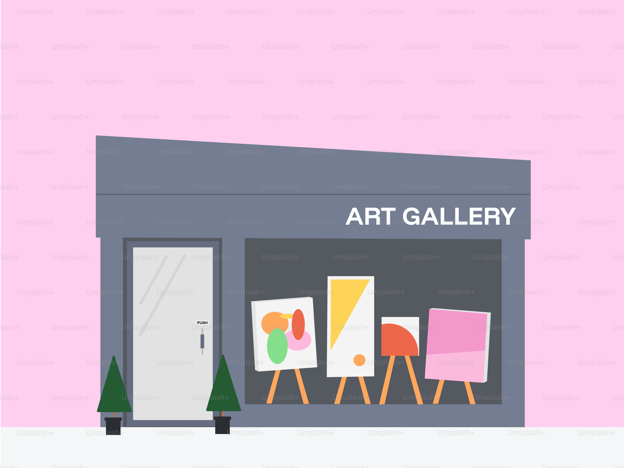 A small art gallery with a pink background