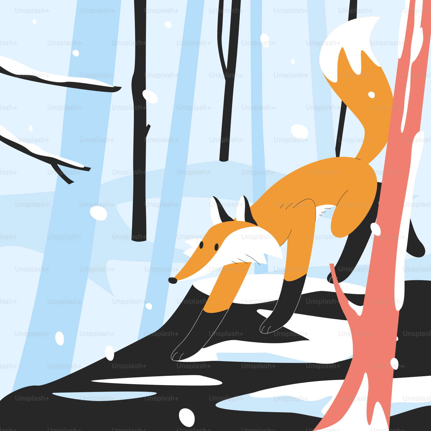 A cartoon of a fox in a snowy forest