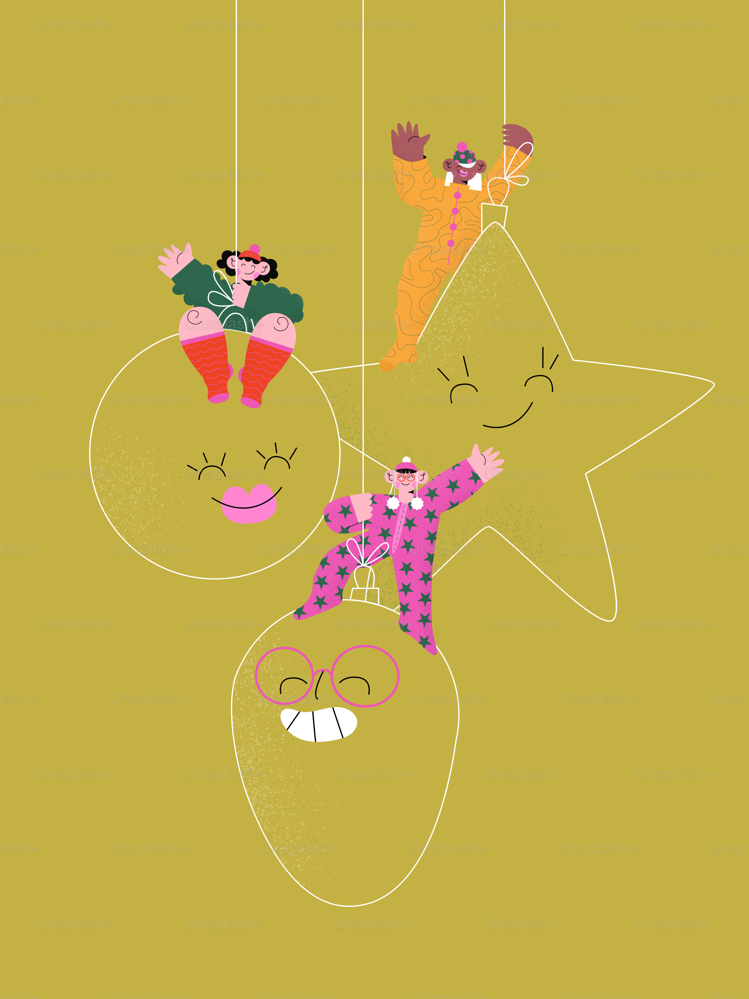 A christmas card with three ornaments hanging from strings
