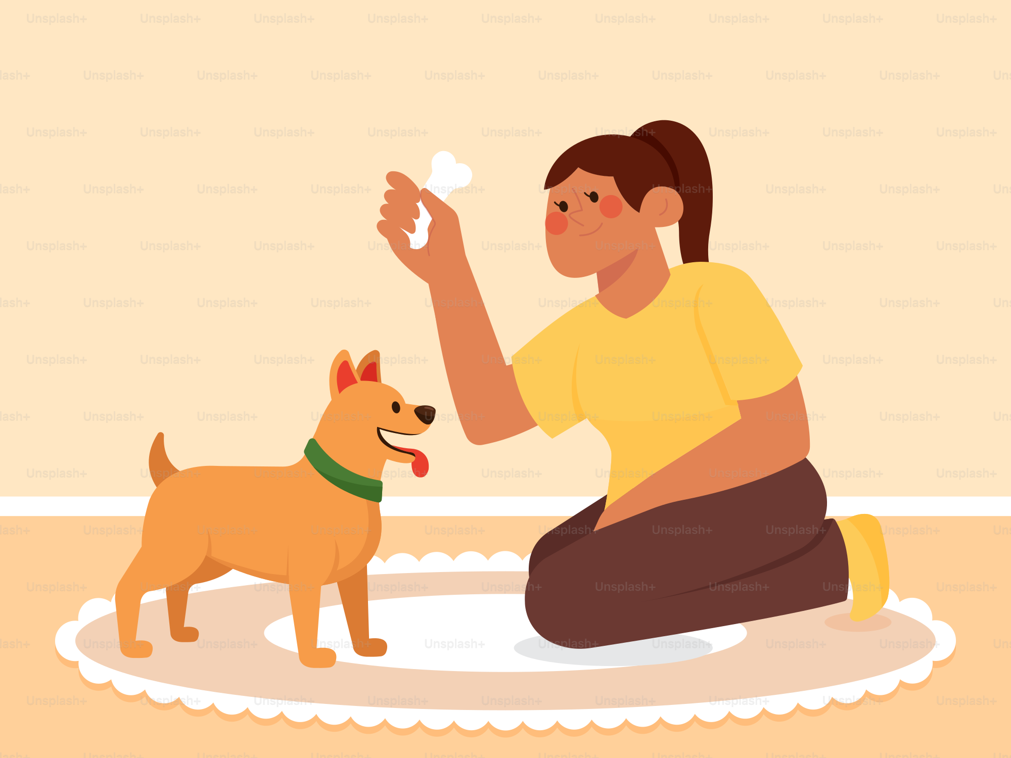 A woman sitting on the floor playing with a dog