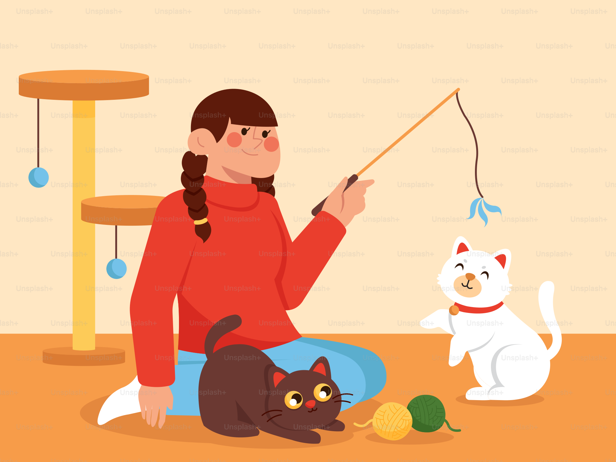 Uma mulher sentada no chão com dois gatos