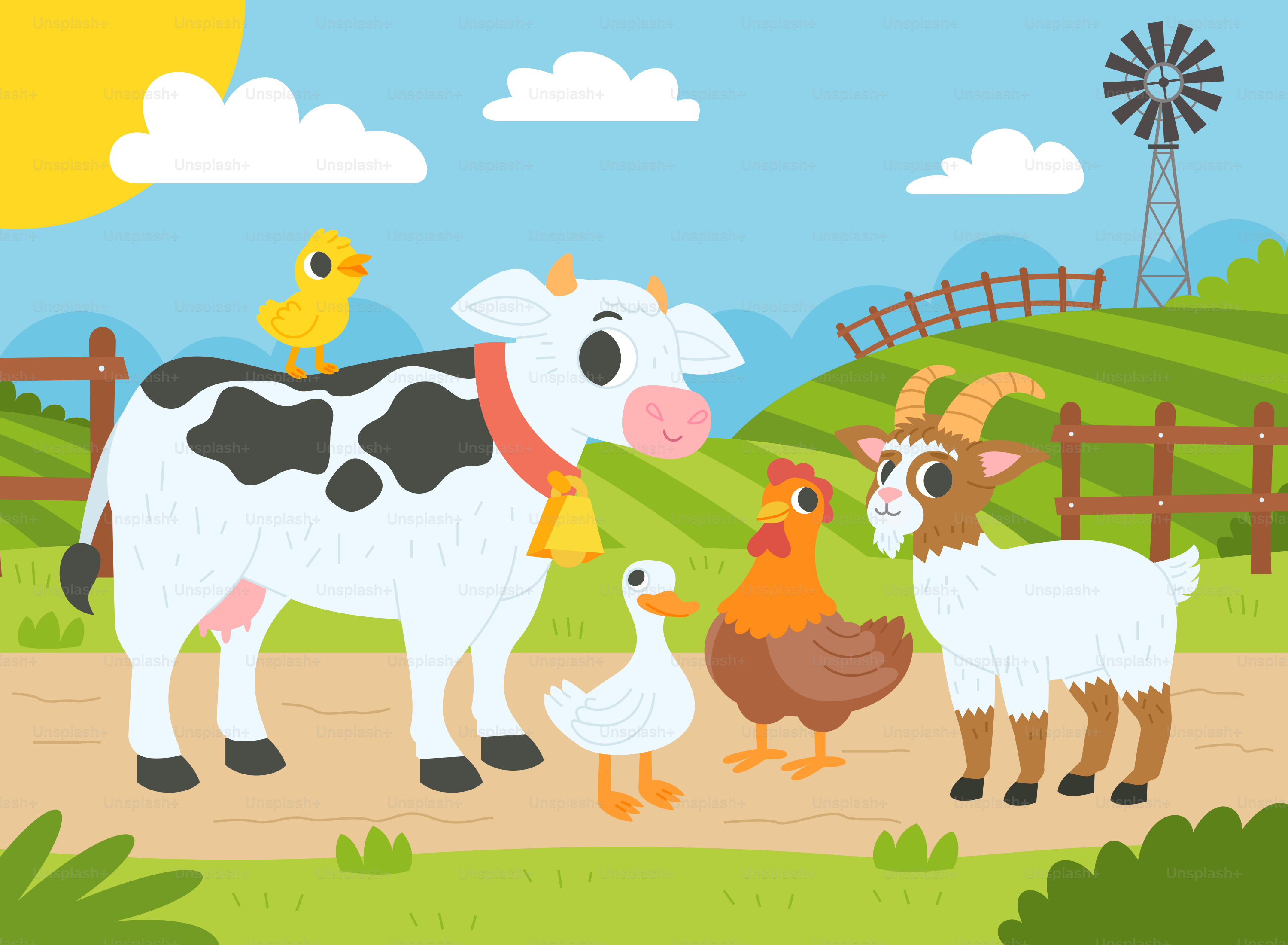 Una scena di fattoria con una mucca, polli e un'anatra vettoriale –  Immagine di Animale su Unsplash, image size:3000x2200