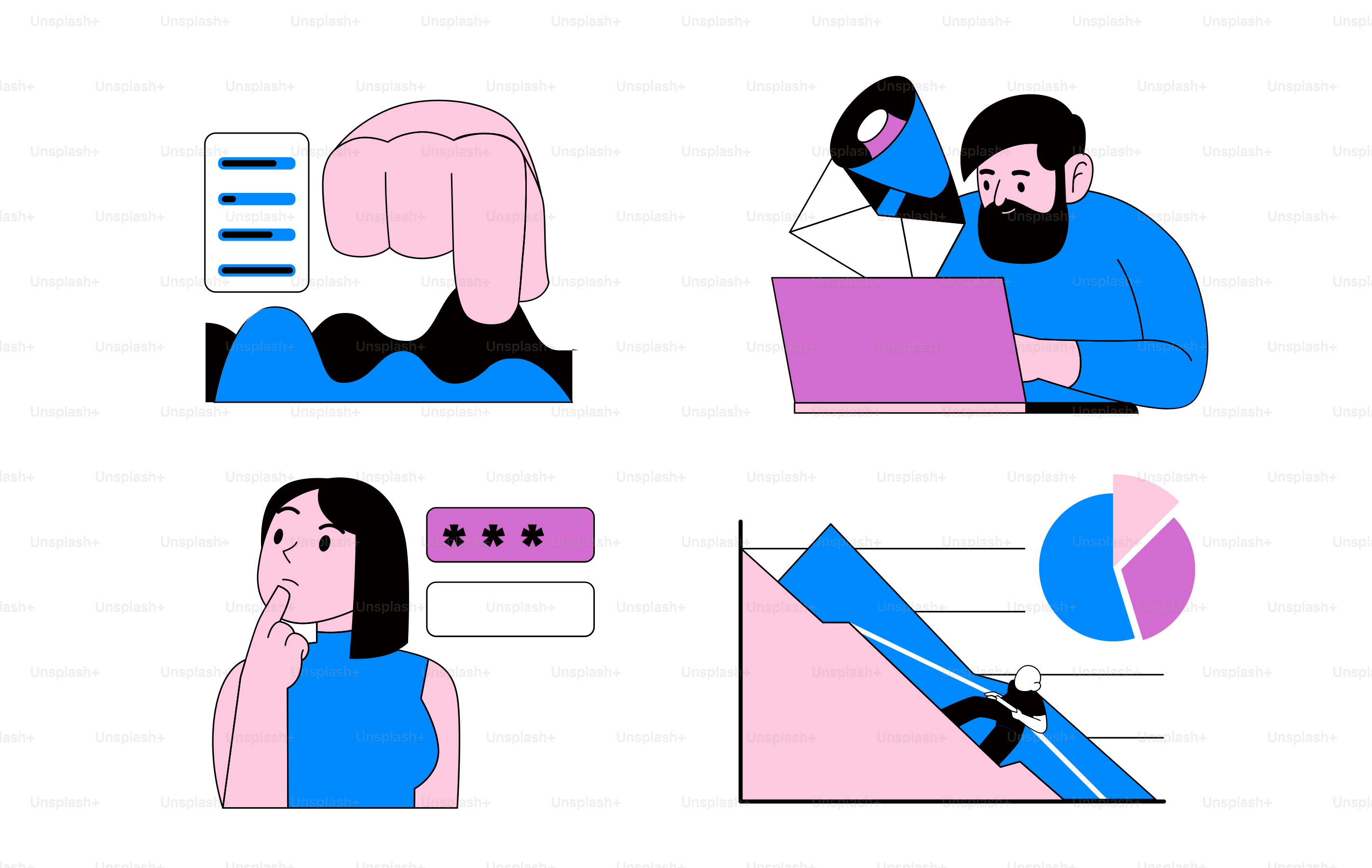 A man and a woman sitting at a table working on laptops vector ...