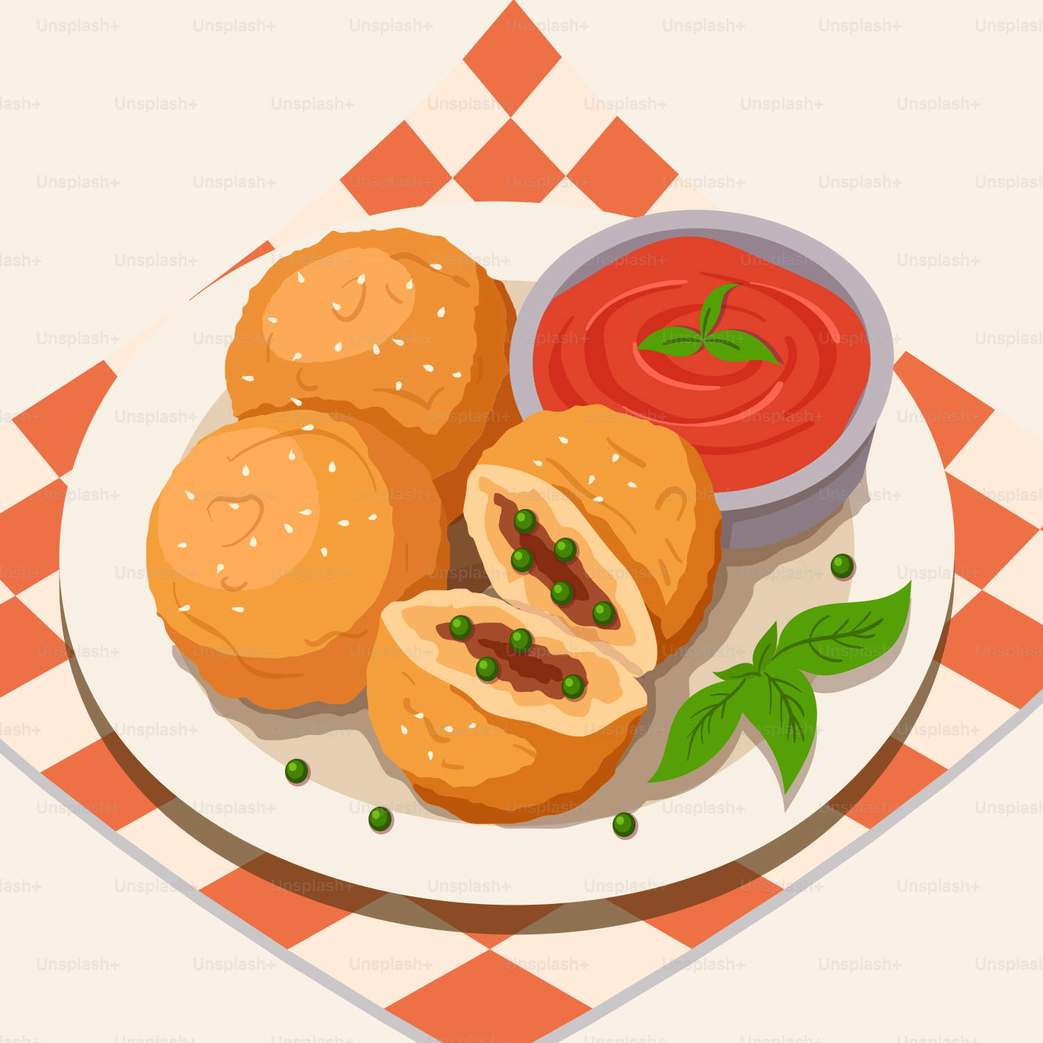 A plate of food on a checkered table cloth