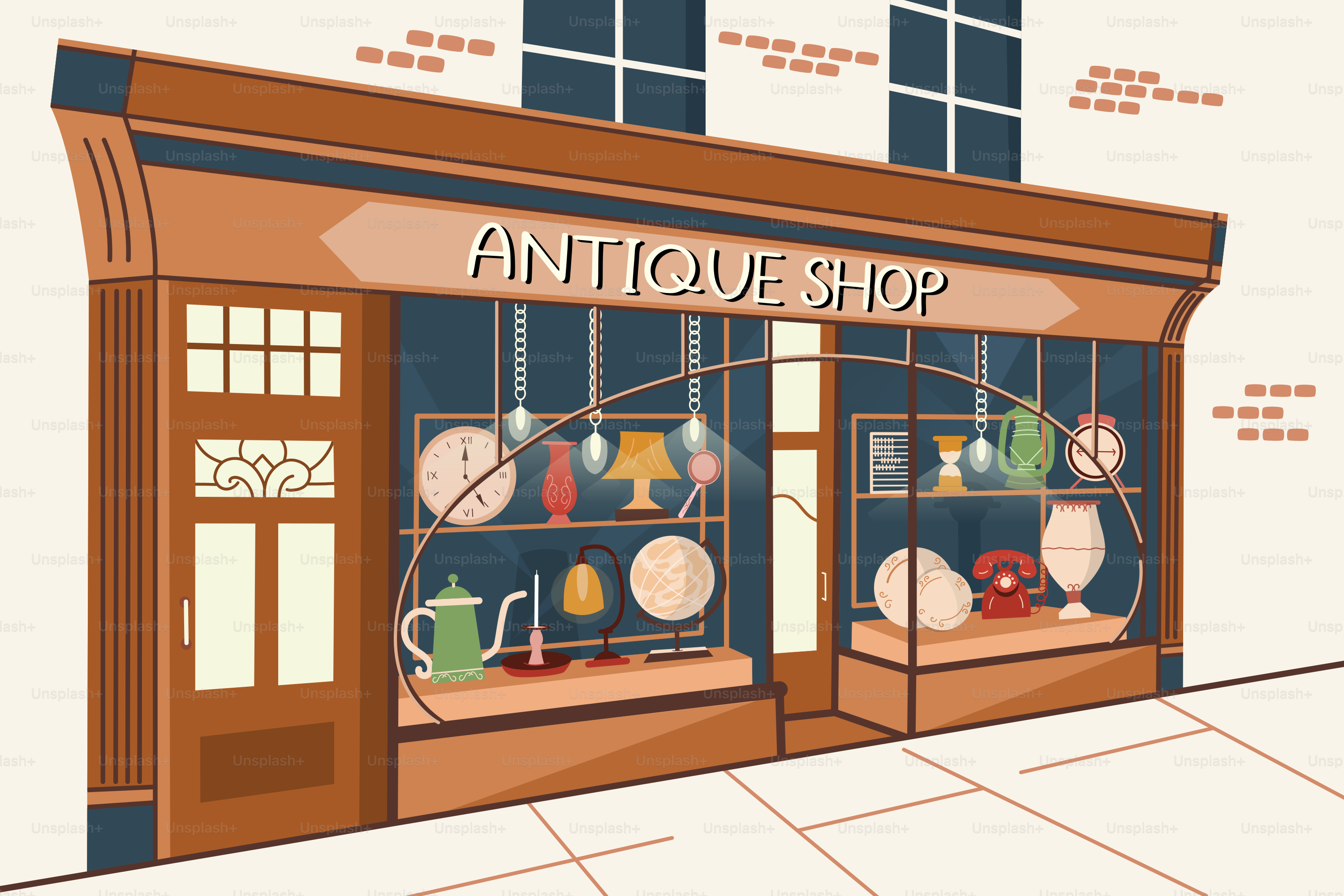 A drawing of a store front with a clock on it