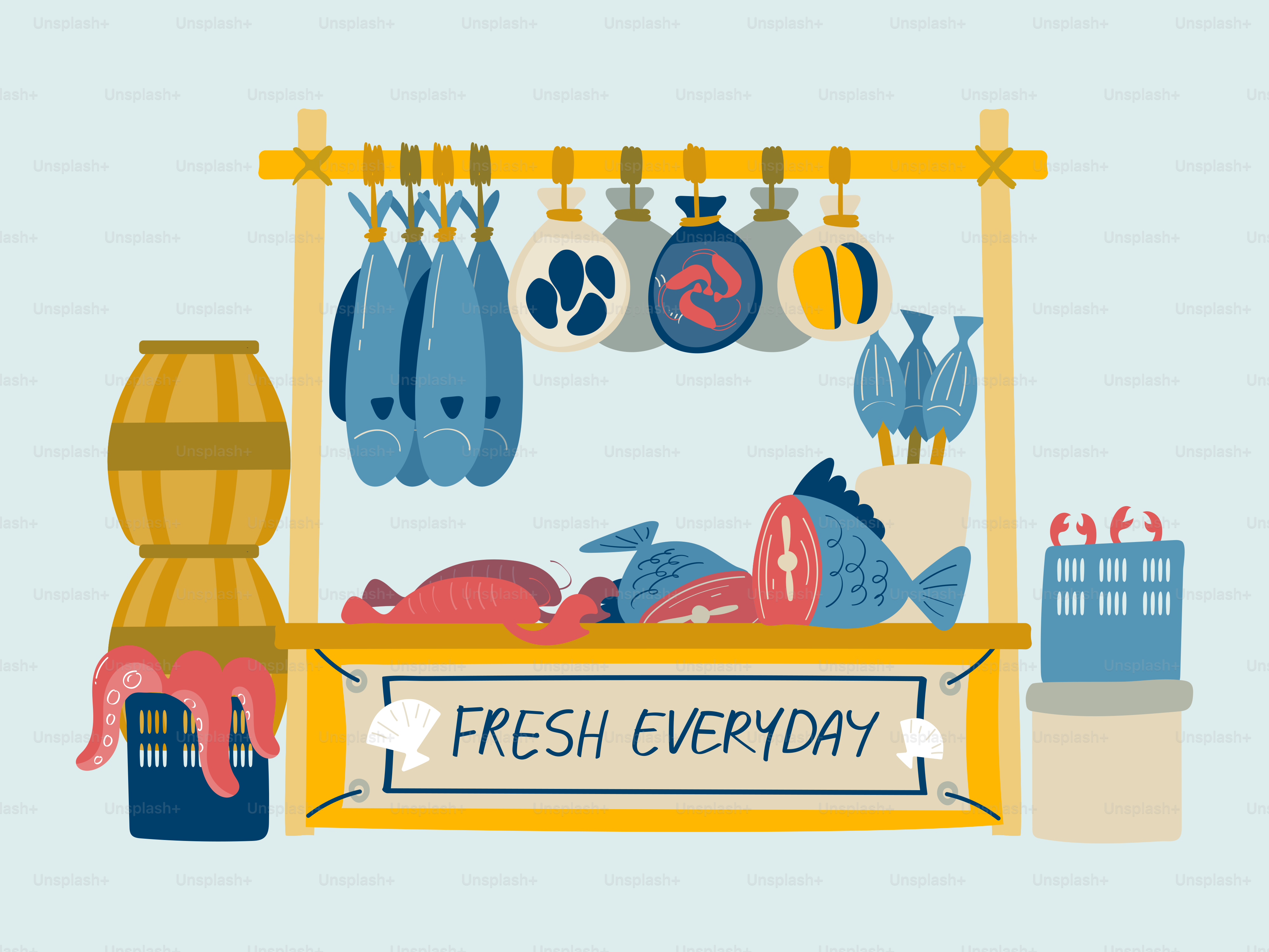 An illustration of fresh seafood on a stand