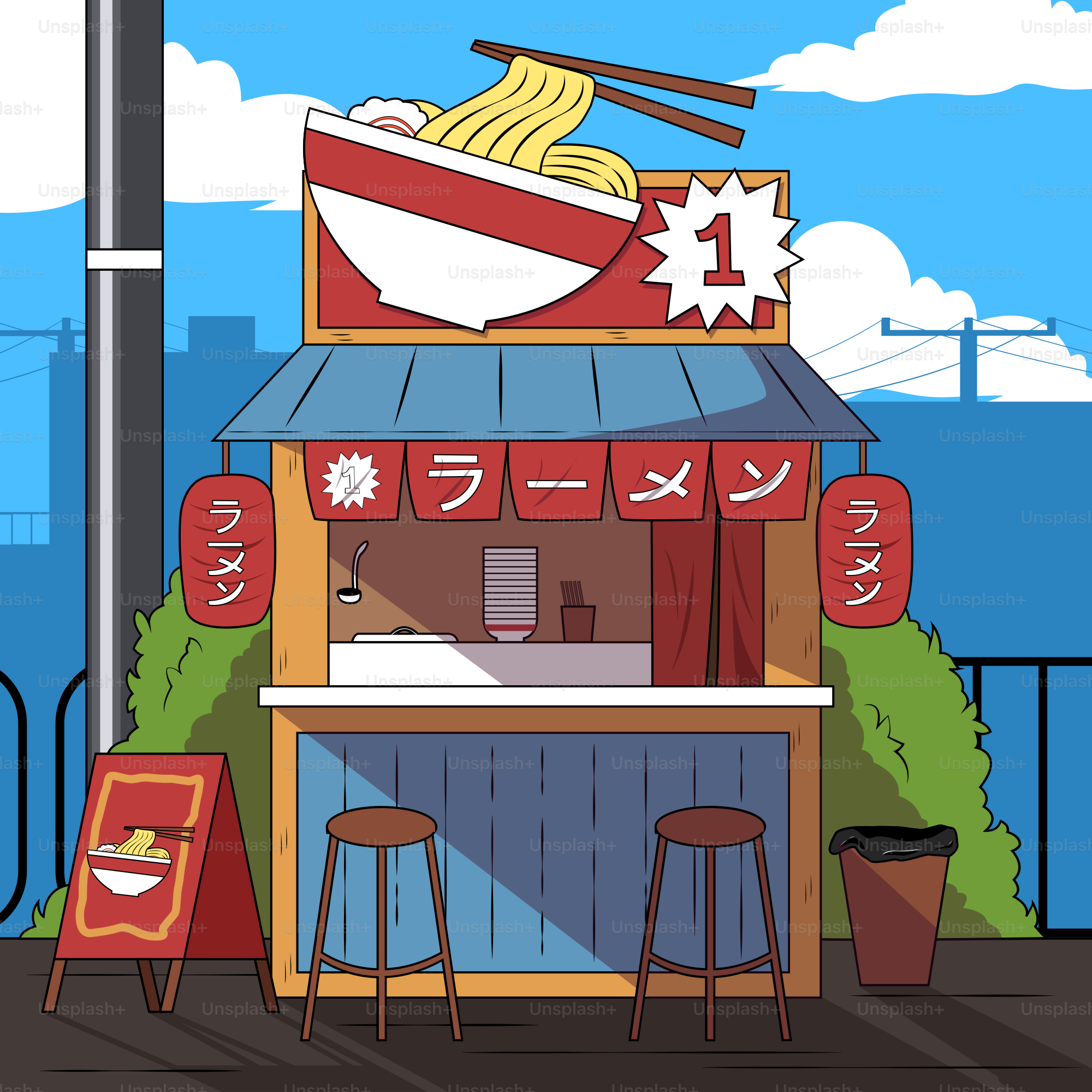 Uma imagem de desenho animado de uma barraca de comida com muita comida em cima dela