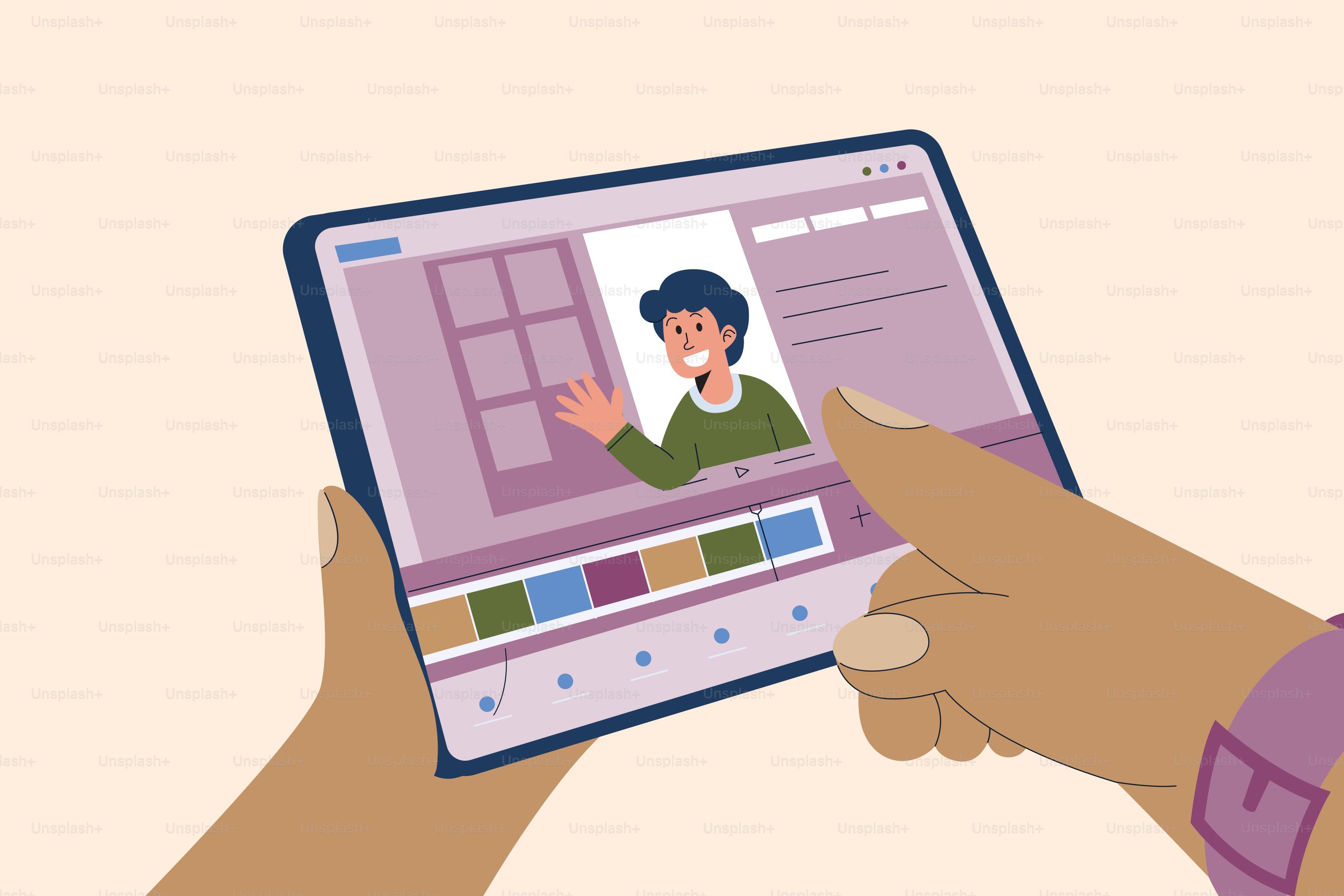 A hand holding a tablet with a picture of a person on it