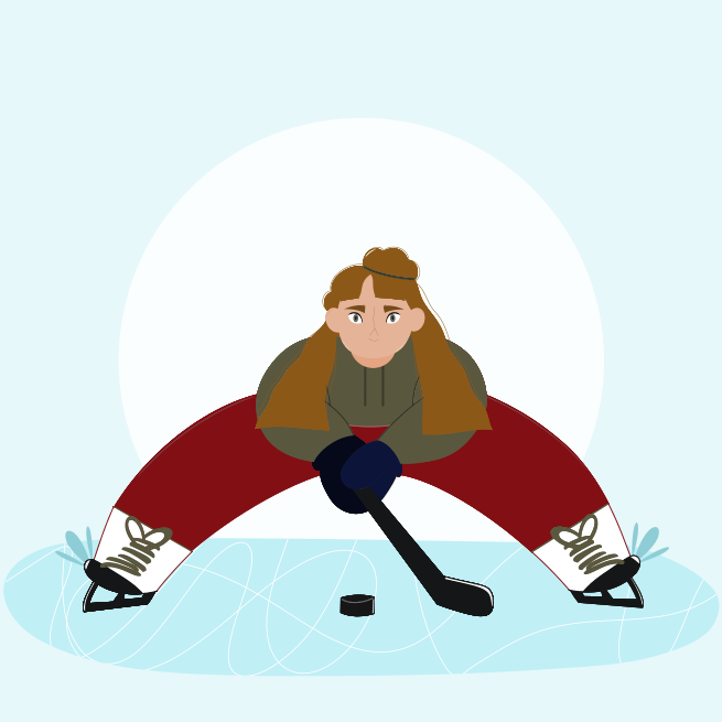 Una donna è seduta sul ghiaccio con una mazza da hockey