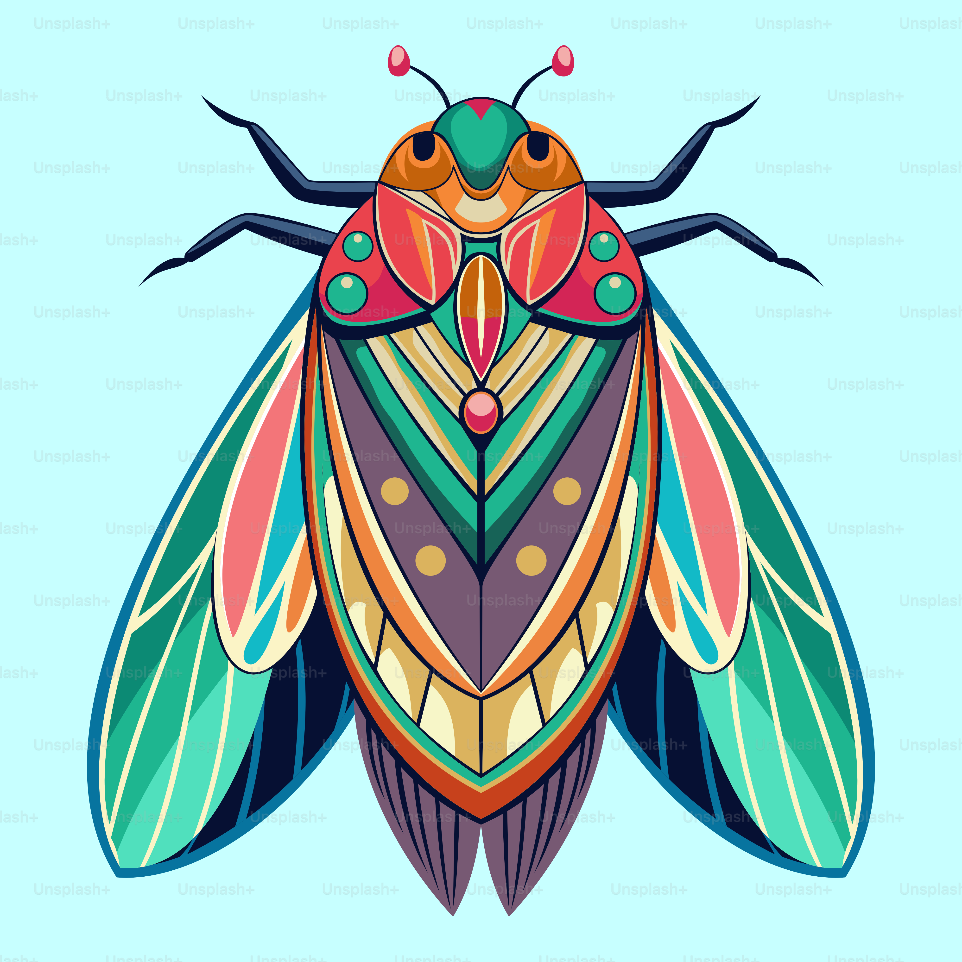 A colorful insect on a blue background
