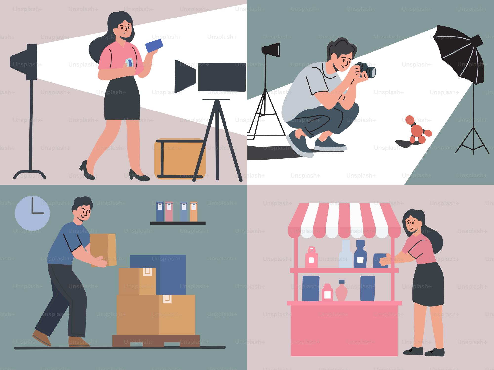 Un hombre y una mujer se toman fotos en diferentes escenas