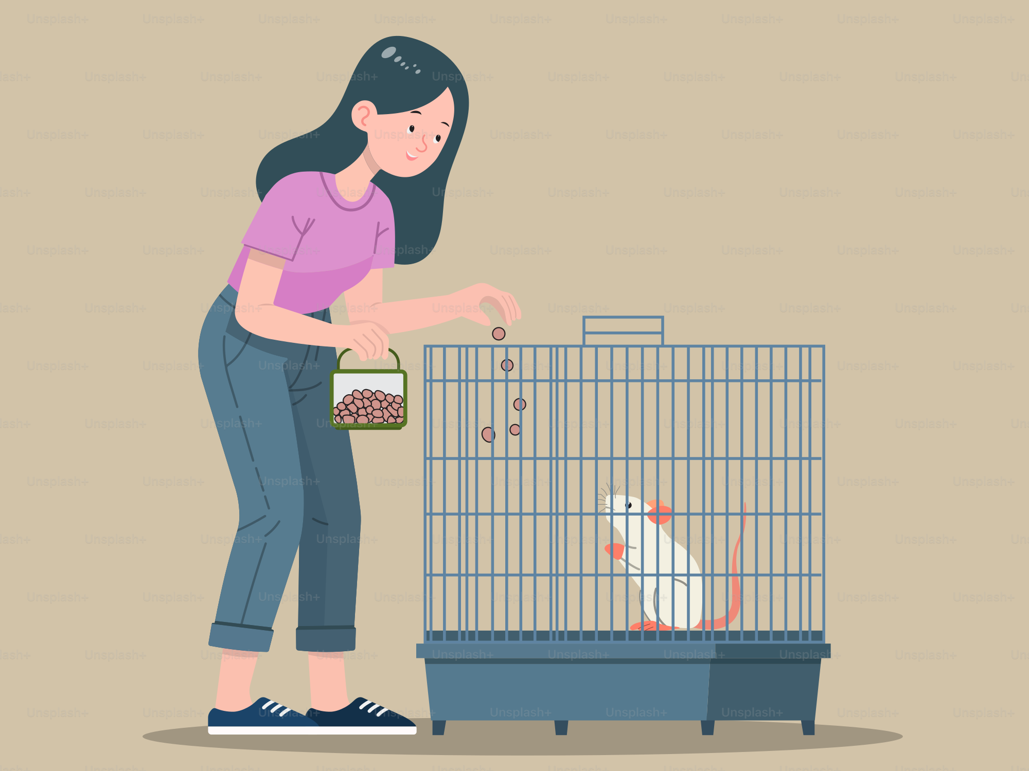 Una mujer de pie junto a un pájaro en una jaula