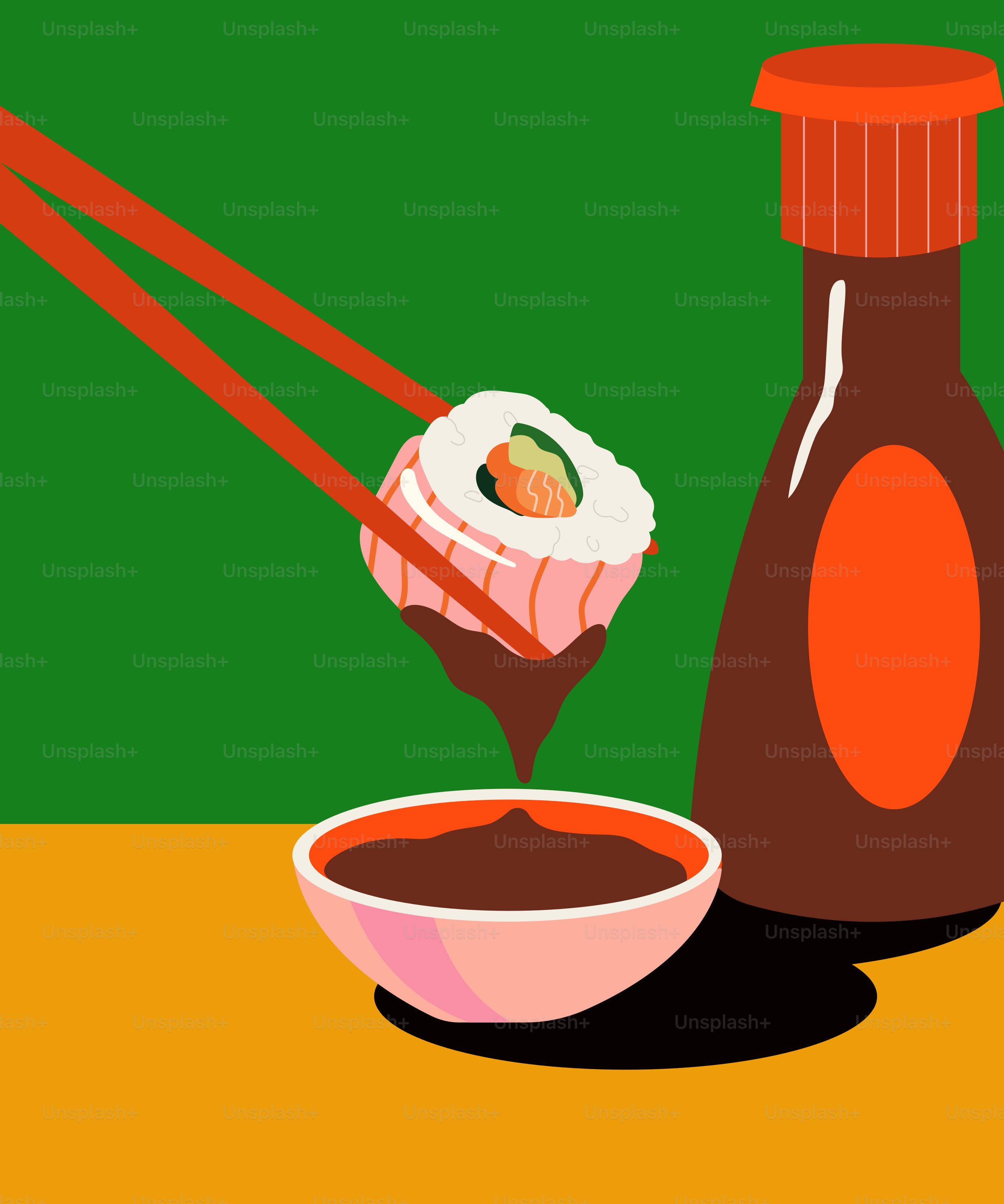 Un dipinto di una ciotola di sushi e una bottiglia di salsa