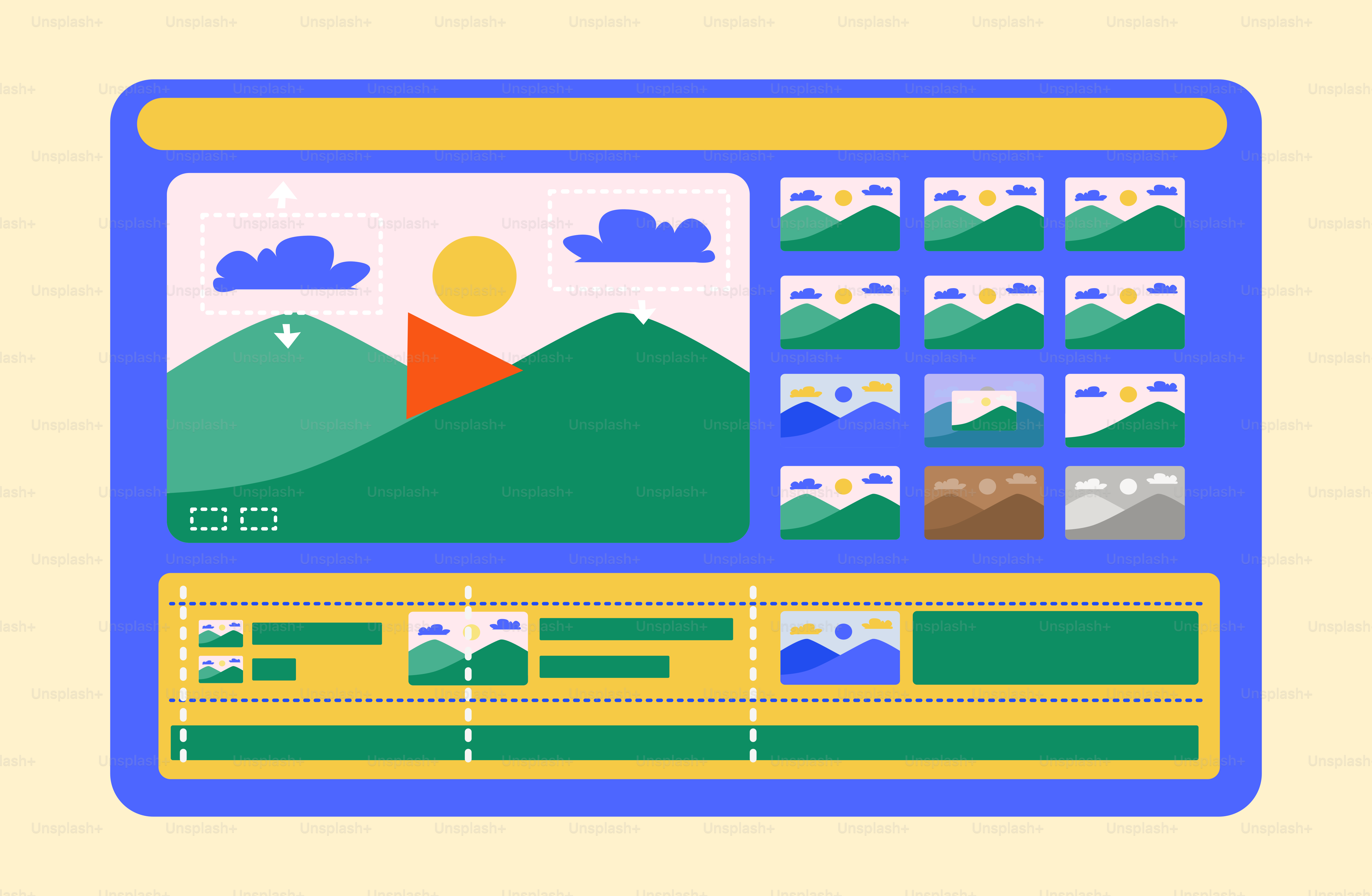 A computer screen with mountains and clouds on it