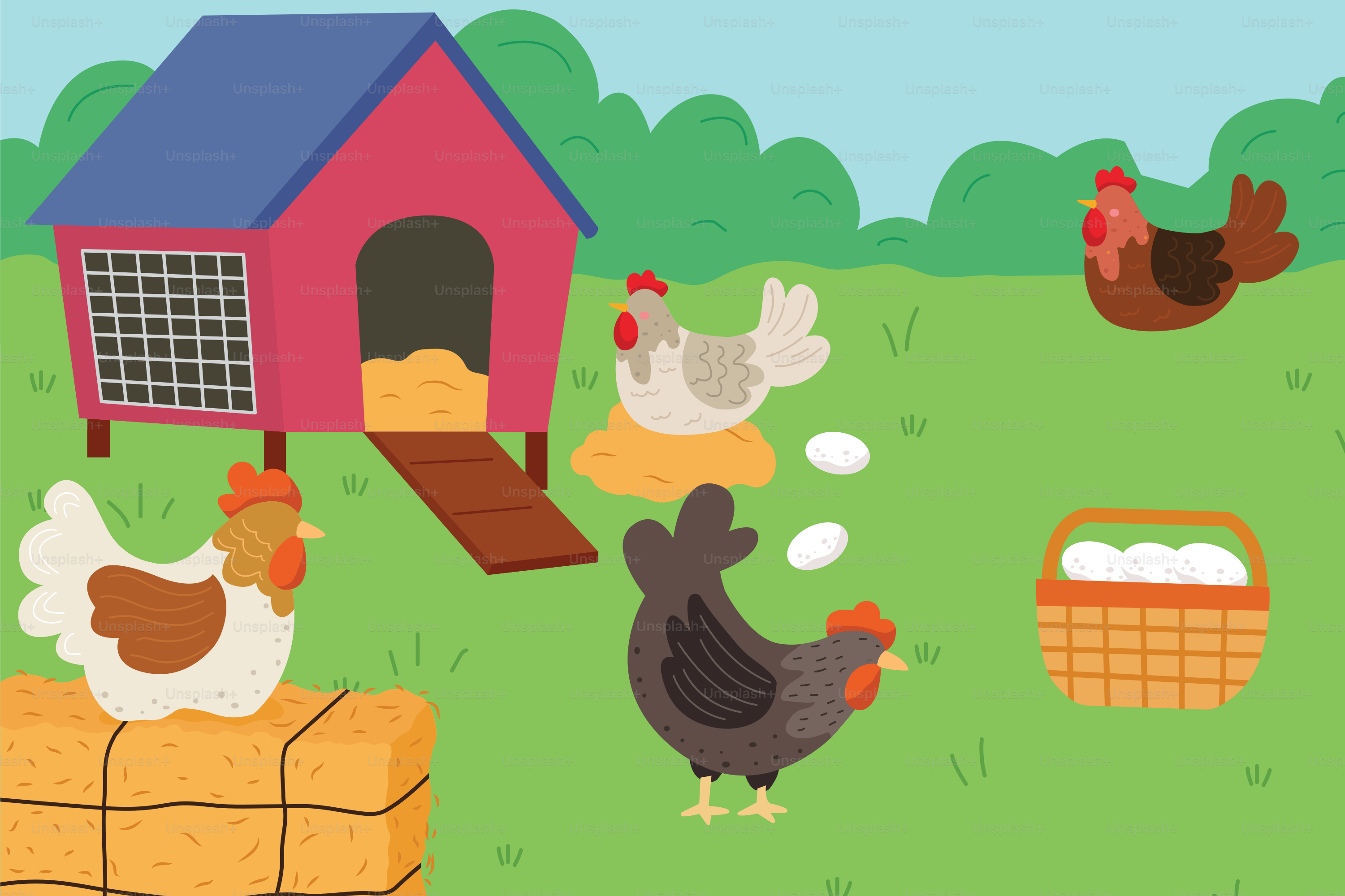 Un grupo de gallinas de pie alrededor de un gallinero